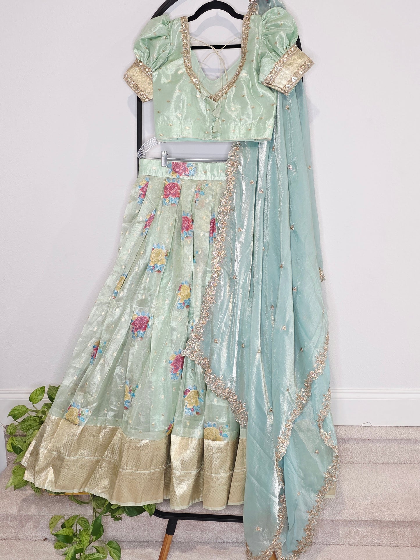 Pastel Mint Aqua Tissue Organza Floral Butta Lehenga Set with Space Silk Dupatta & Stitched Blouse