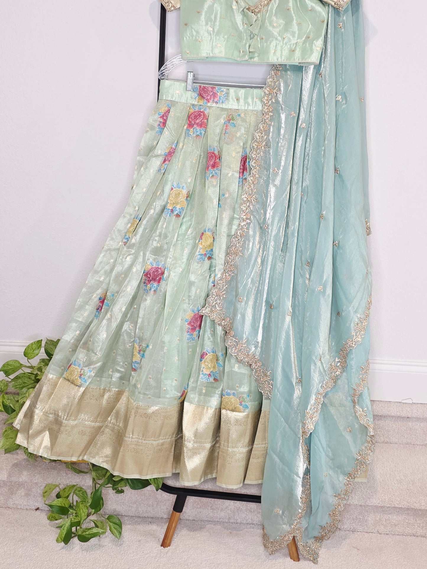 Pastel Mint Aqua Tissue Organza Floral Butta Lehenga Set with Space Silk Dupatta & Stitched Blouse