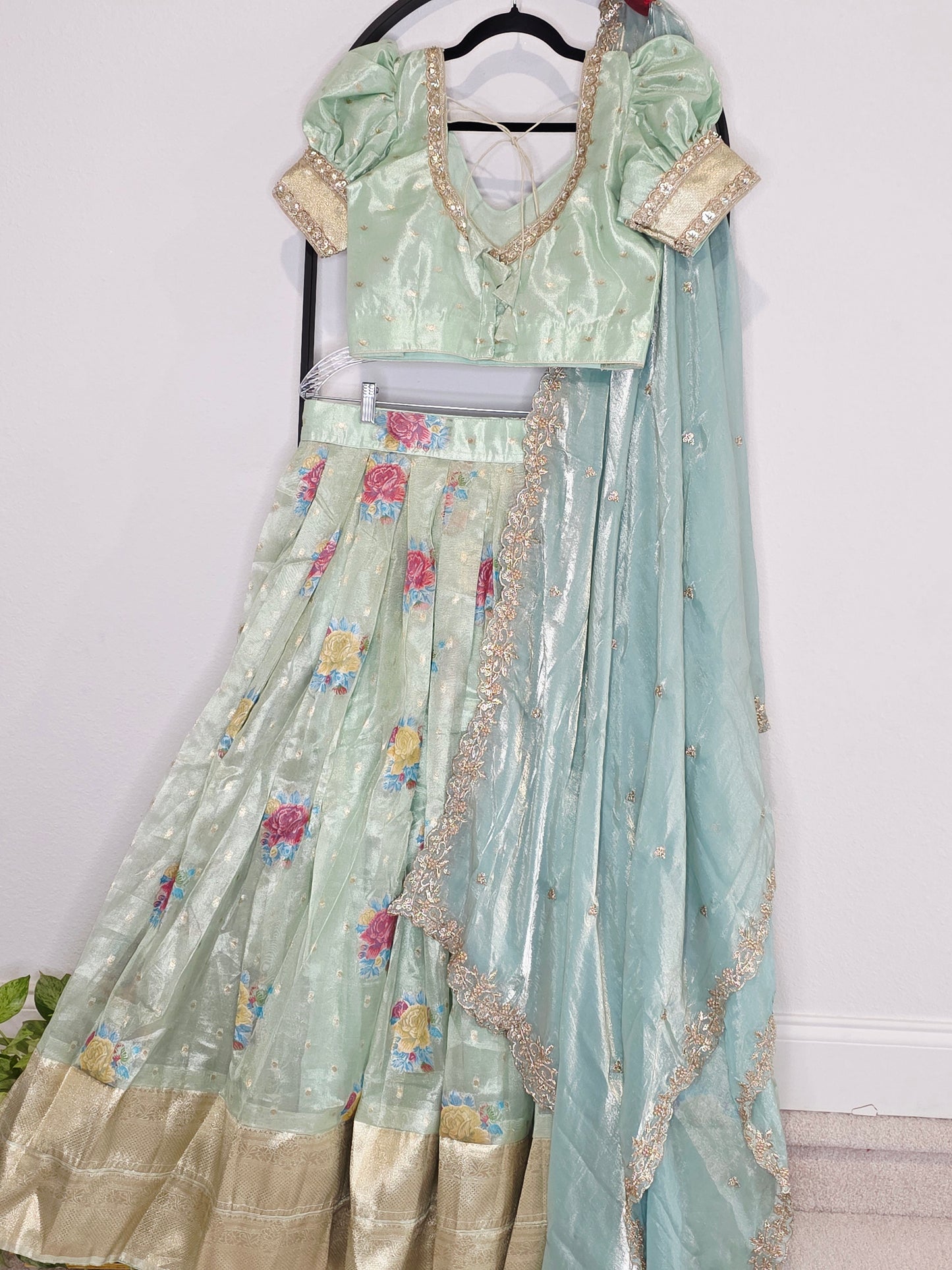 Pastel Mint Aqua Tissue Organza Floral Butta Lehenga Set with Space Silk Dupatta & Stitched Blouse
