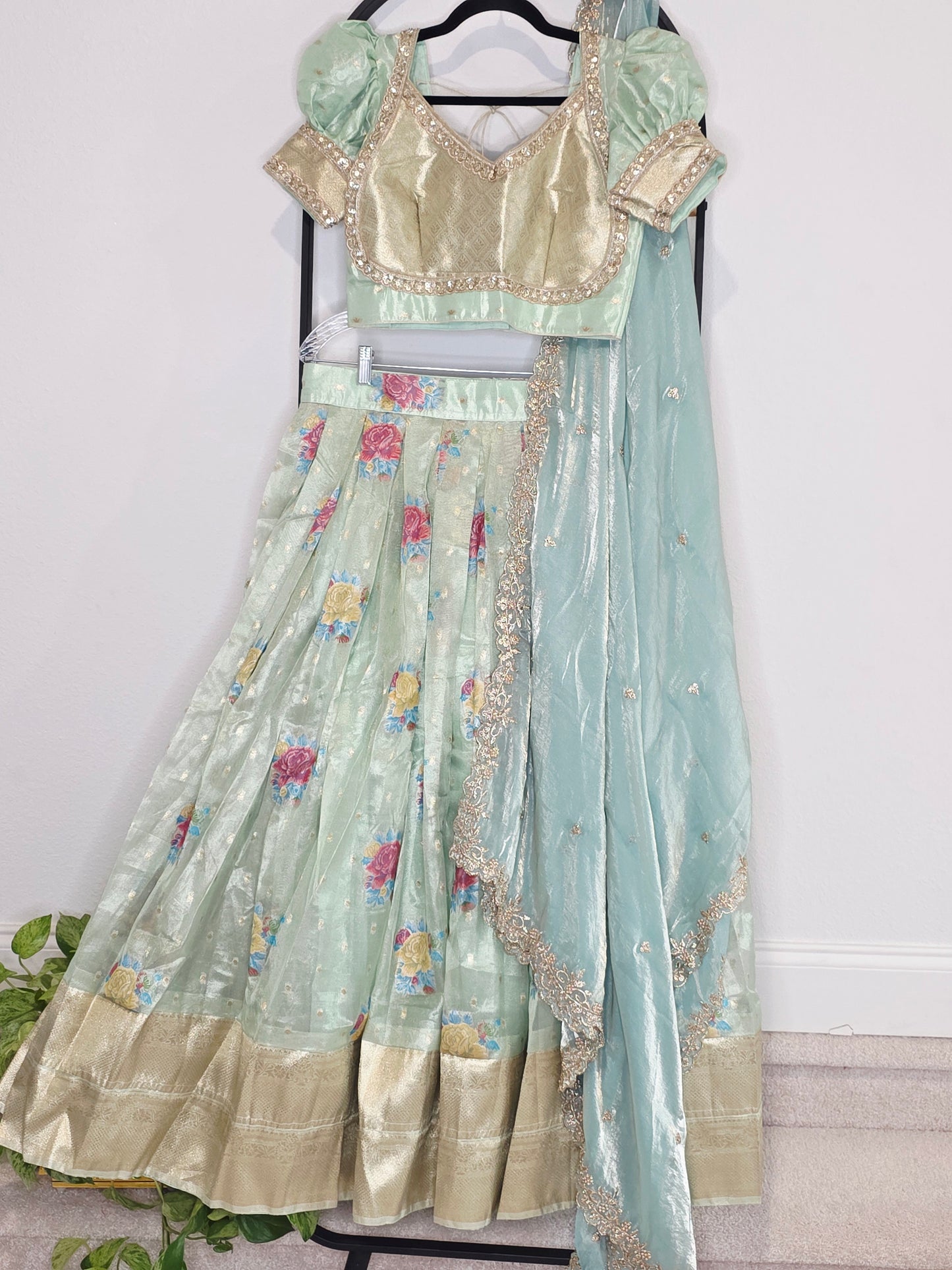 Pastel Mint Aqua Tissue Organza Floral Butta Lehenga Set with Space Silk Dupatta & Stitched Blouse