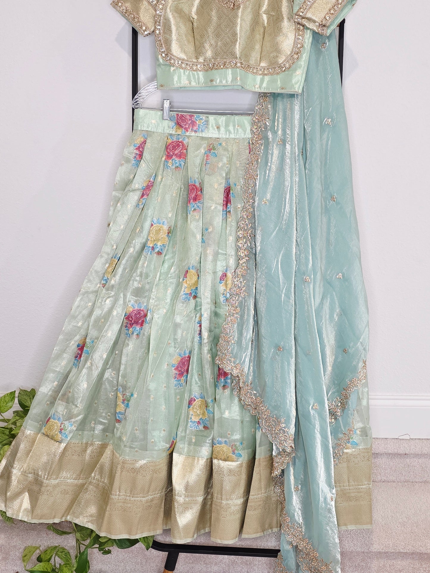 Pastel Mint Aqua Tissue Organza Floral Butta Lehenga Set with Space Silk Dupatta & Stitched Blouse