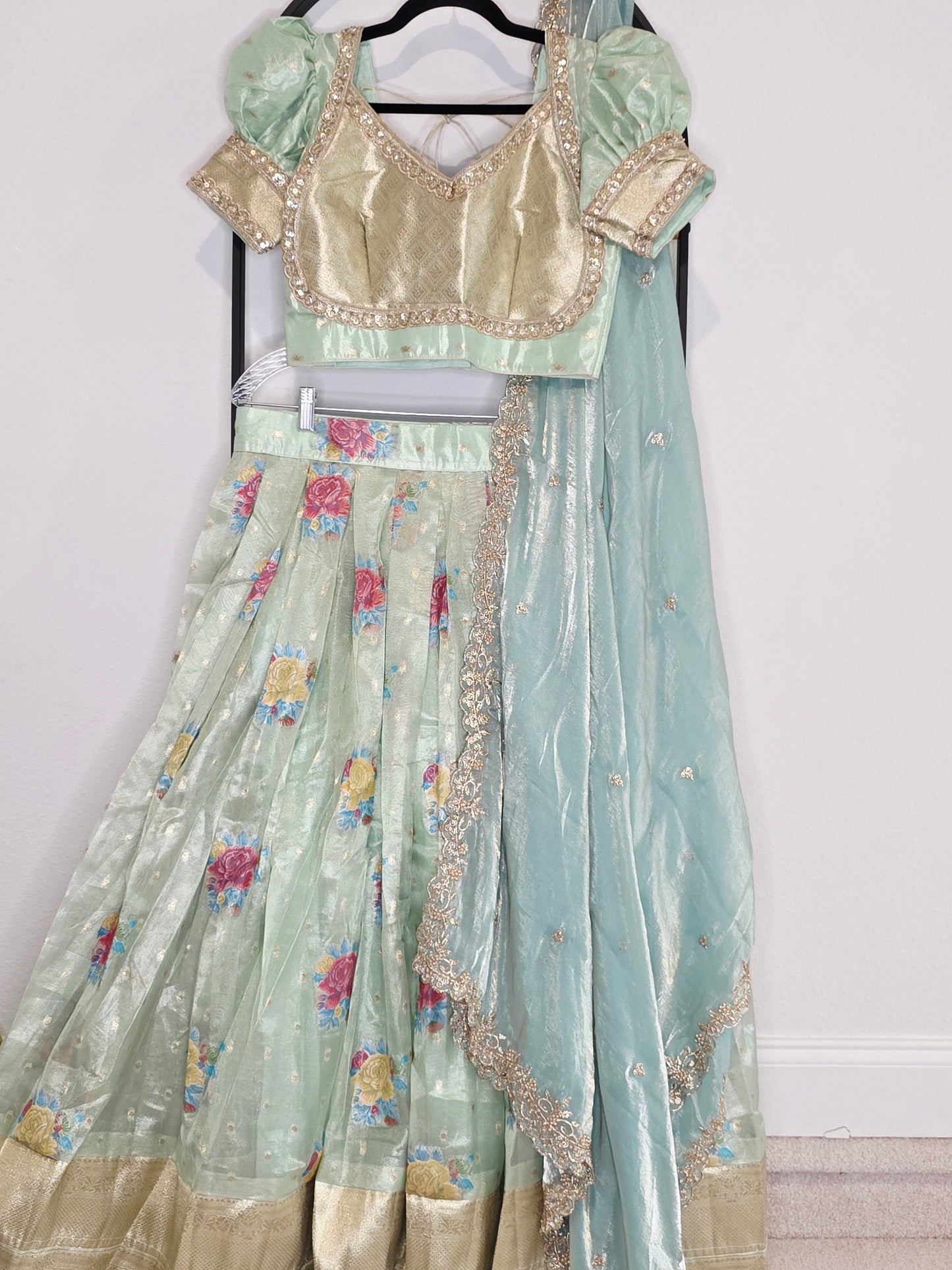 Pastel Mint Aqua Tissue Organza Floral Butta Lehenga Set with Space Silk Dupatta & Stitched Blouse