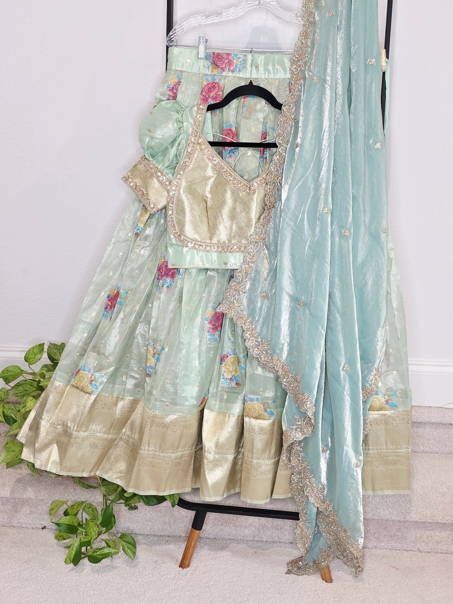 Pastel Mint Aqua Tissue Organza Floral Butta Lehenga Set with Space Silk Dupatta & Stitched Blouse