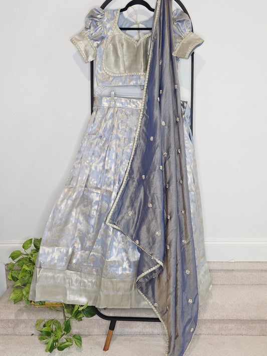 Steel Blue & Silver Tissue Organza Lehenga Set — Pastel Brocade Bridal Lehenga Choli with Chinon Dupatta