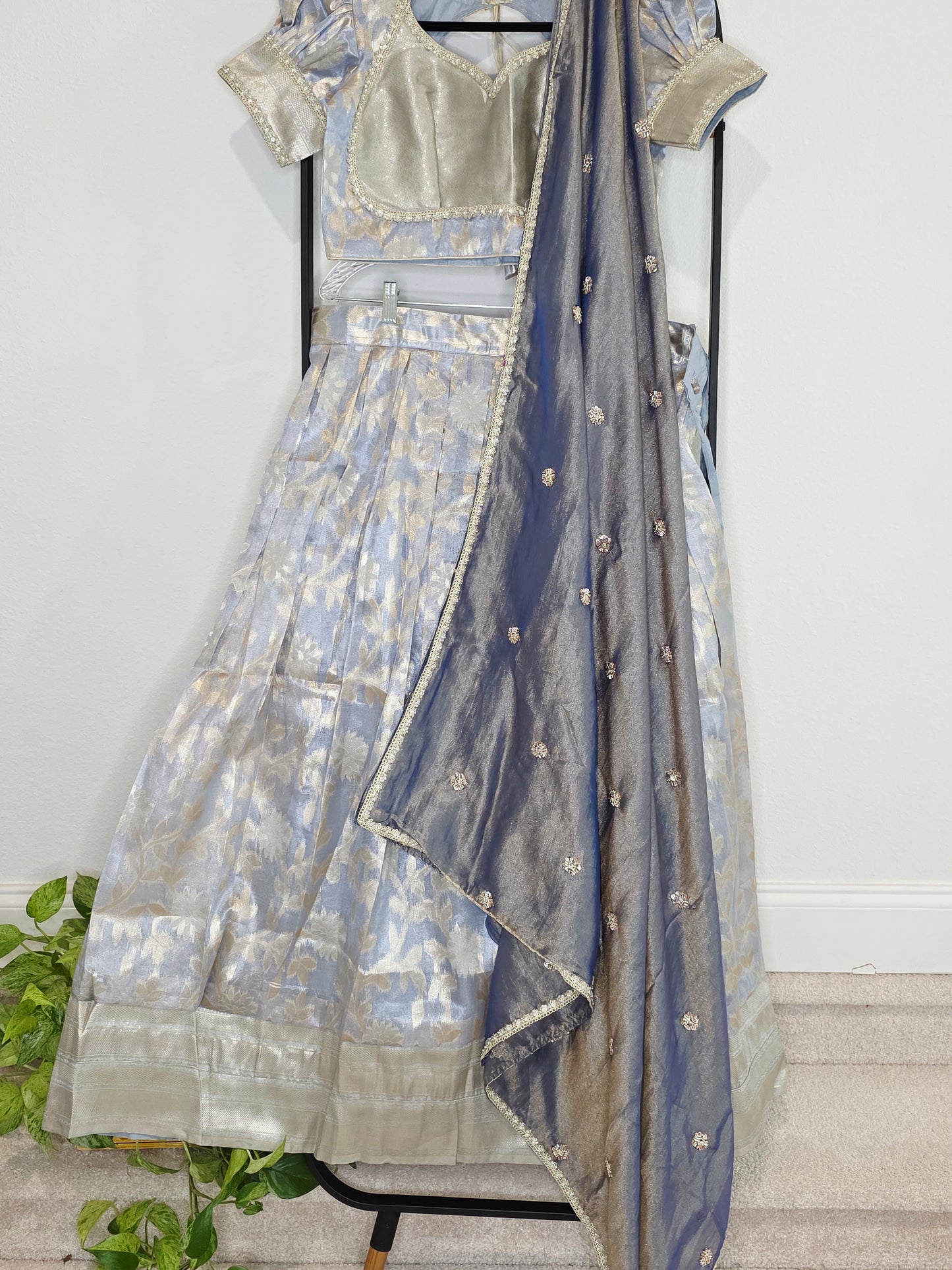 Steel Blue & Silver Tissue Organza Lehenga Set — Pastel Brocade Bridal Lehenga Choli with Chinon Dupatta