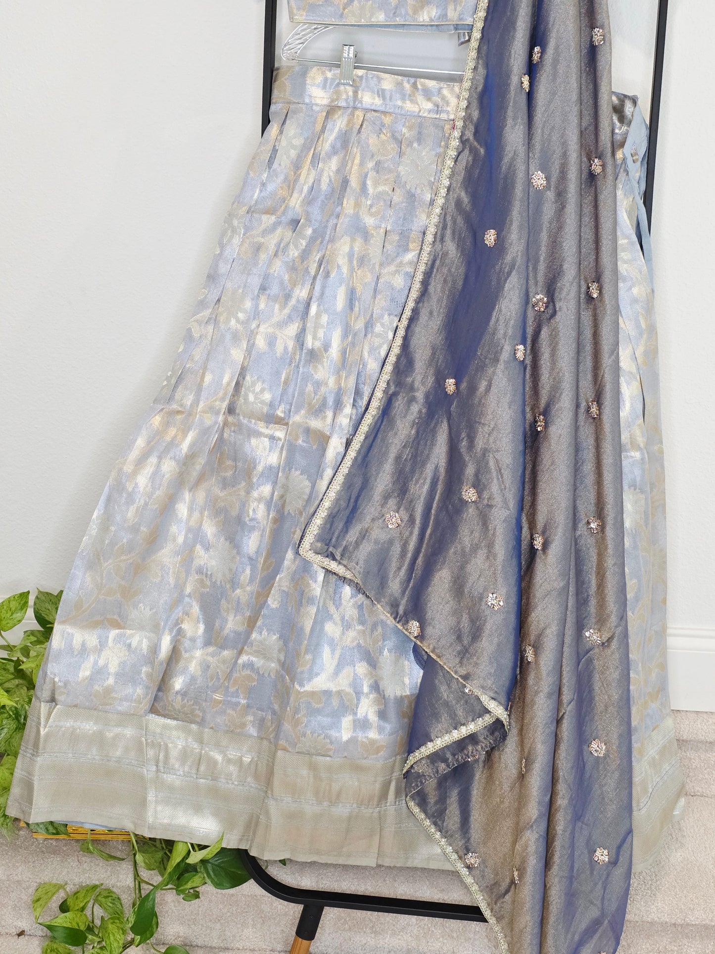 Steel Blue & Silver Tissue Organza Lehenga Set — Pastel Brocade Bridal Lehenga Choli with Chinon Dupatta