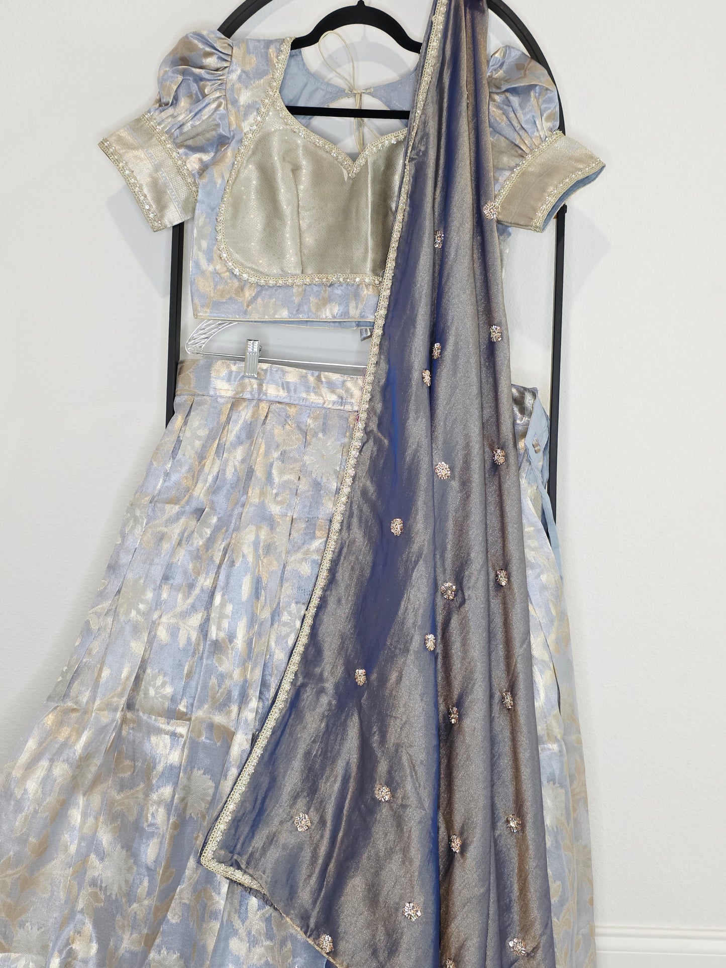 Steel Blue & Silver Tissue Organza Lehenga Set — Pastel Brocade Bridal Lehenga Choli with Chinon Dupatta