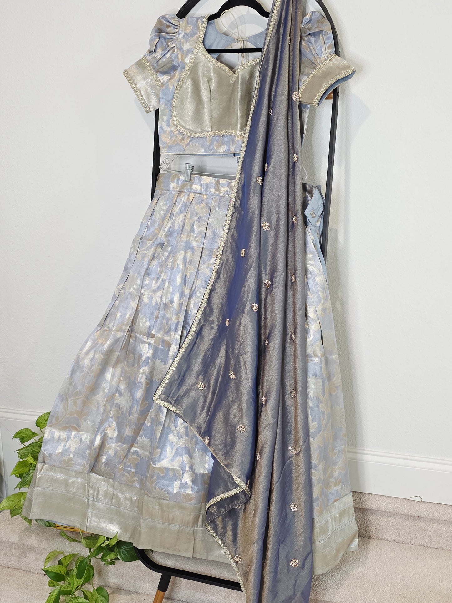 Steel Blue & Silver Tissue Organza Lehenga Set — Pastel Brocade Bridal Lehenga Choli with Chinon Dupatta