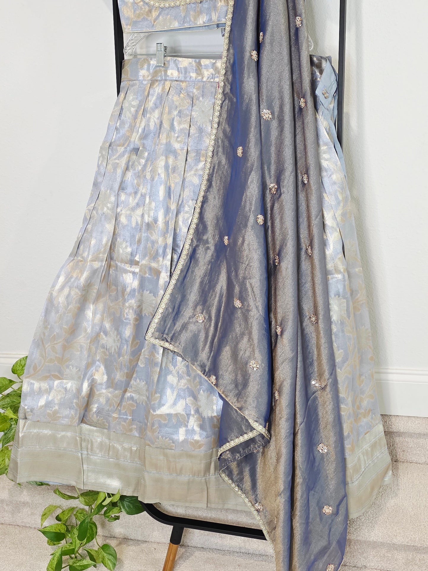 Steel Blue & Silver Tissue Organza Lehenga Set — Pastel Brocade Bridal Lehenga Choli with Chinon Dupatta