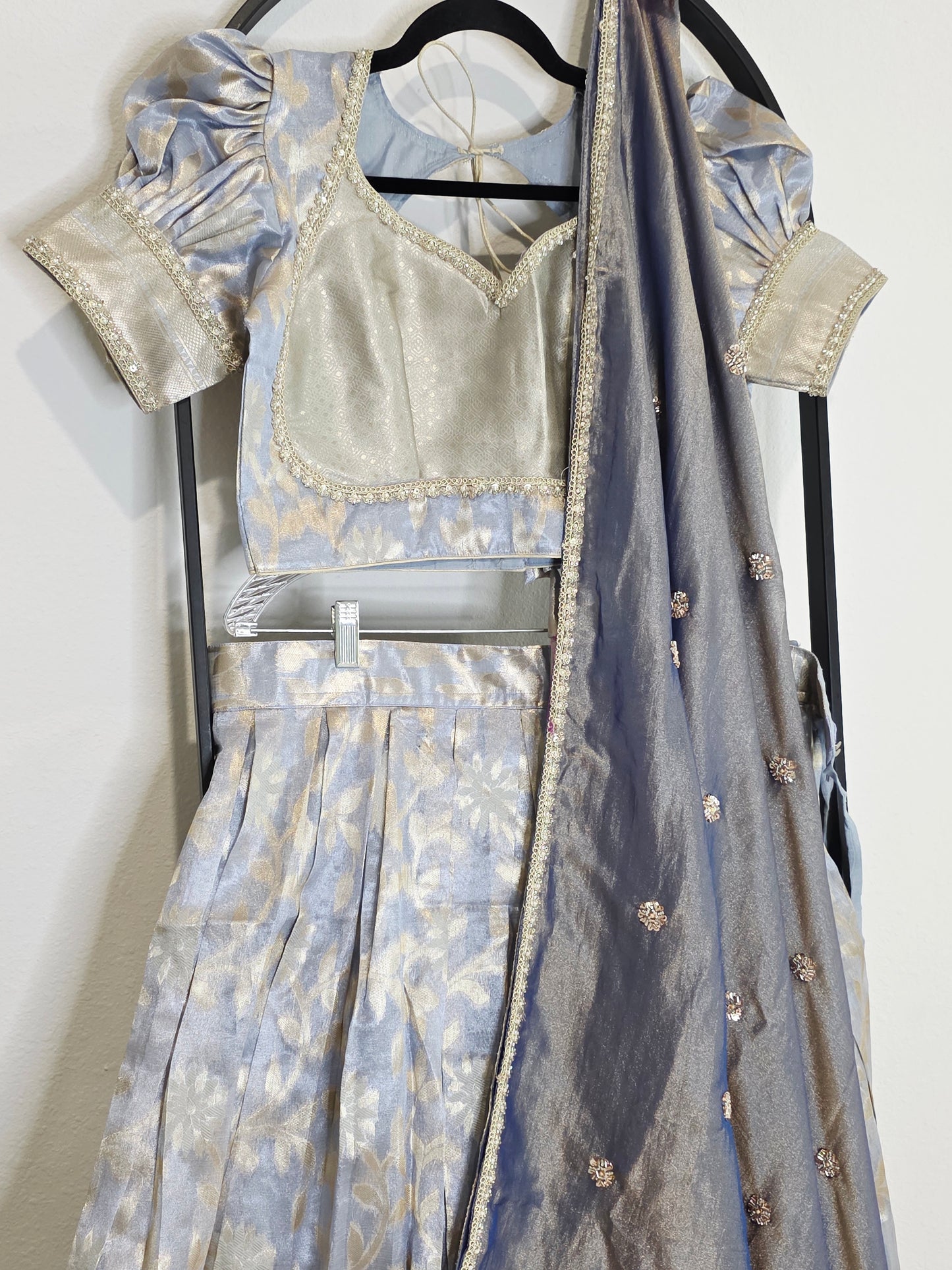 Steel Blue & Silver Tissue Organza Lehenga Set — Pastel Brocade Bridal Lehenga Choli with Chinon Dupatta