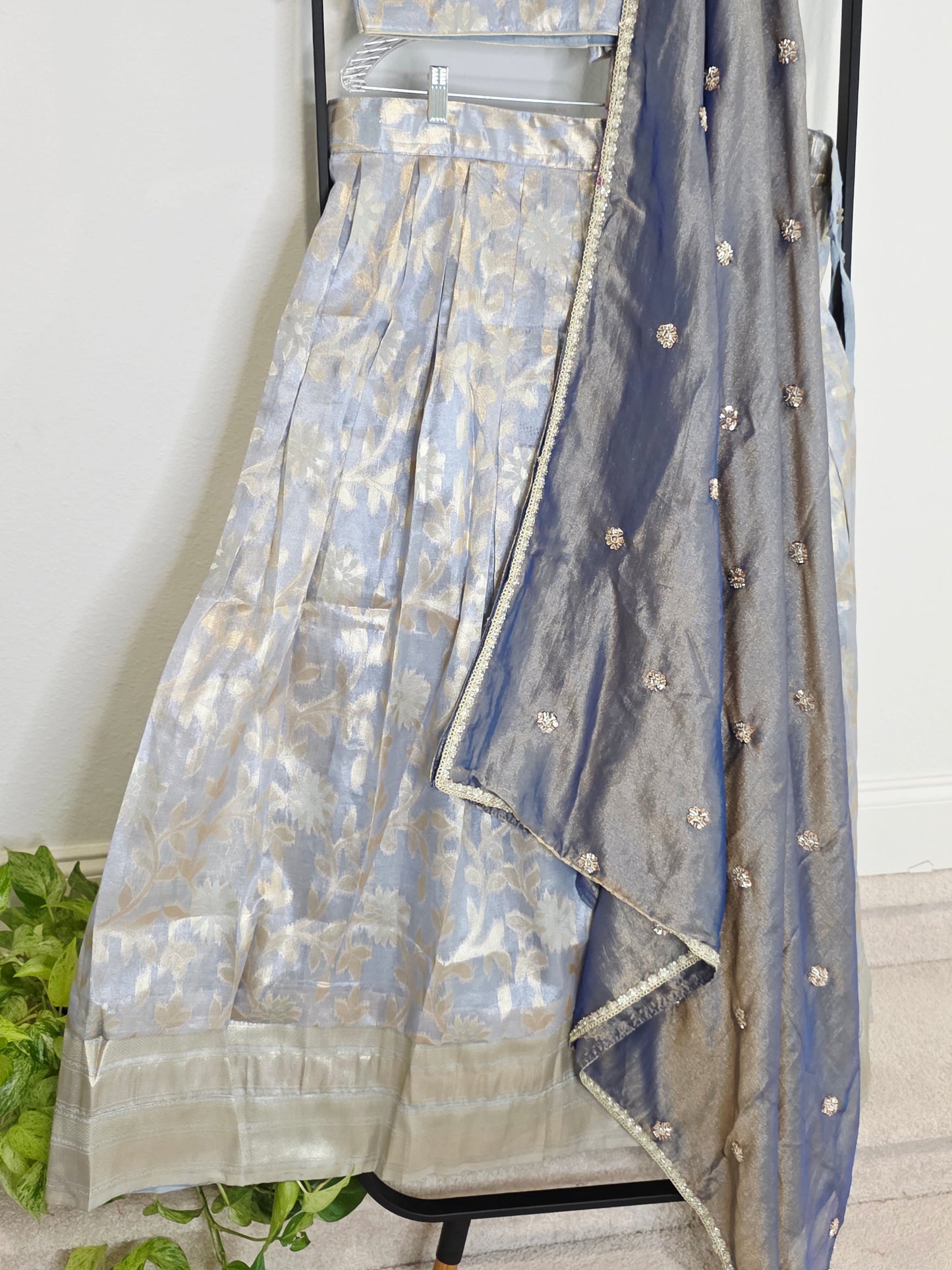 Steel Blue & Silver Tissue Organza Lehenga Set — Pastel Brocade Bridal Lehenga Choli with Chinon Dupatta