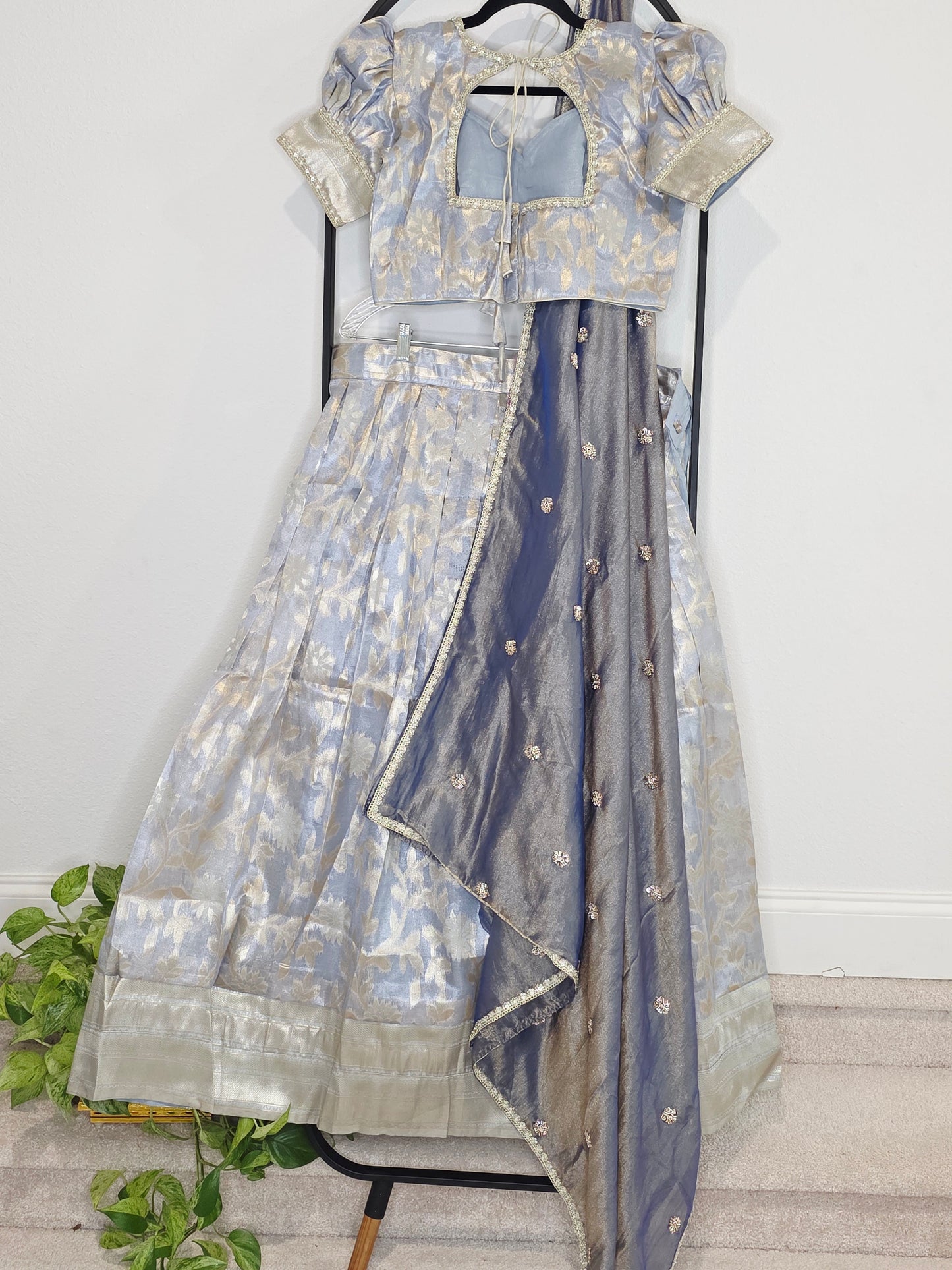 Steel Blue & Silver Tissue Organza Lehenga Set — Pastel Brocade Bridal Lehenga Choli with Chinon Dupatta