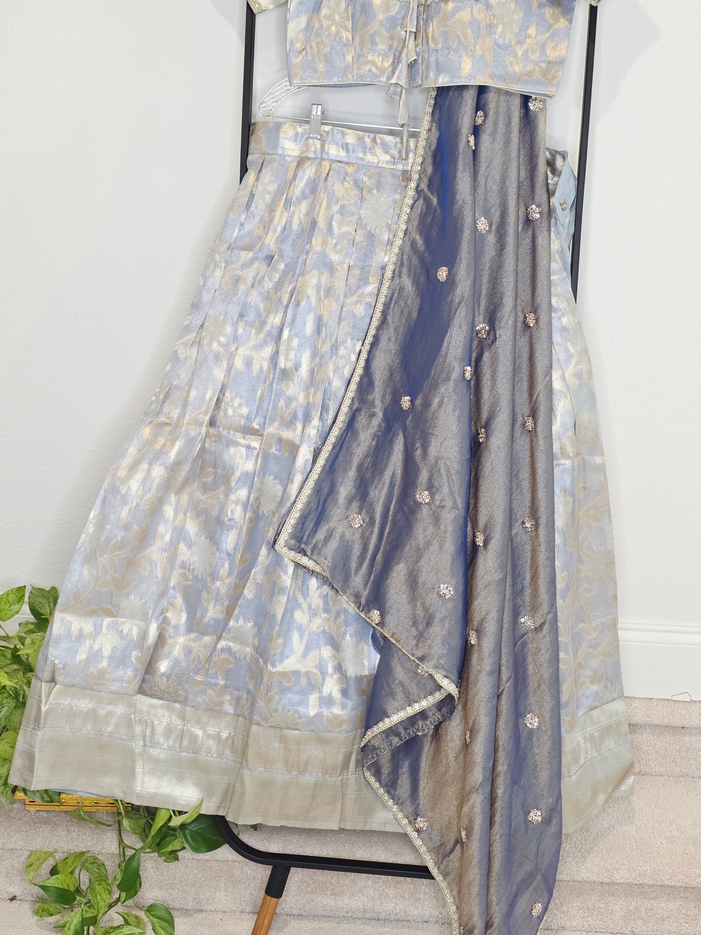 Steel Blue & Silver Tissue Organza Lehenga Set — Pastel Brocade Bridal Lehenga Choli with Chinon Dupatta