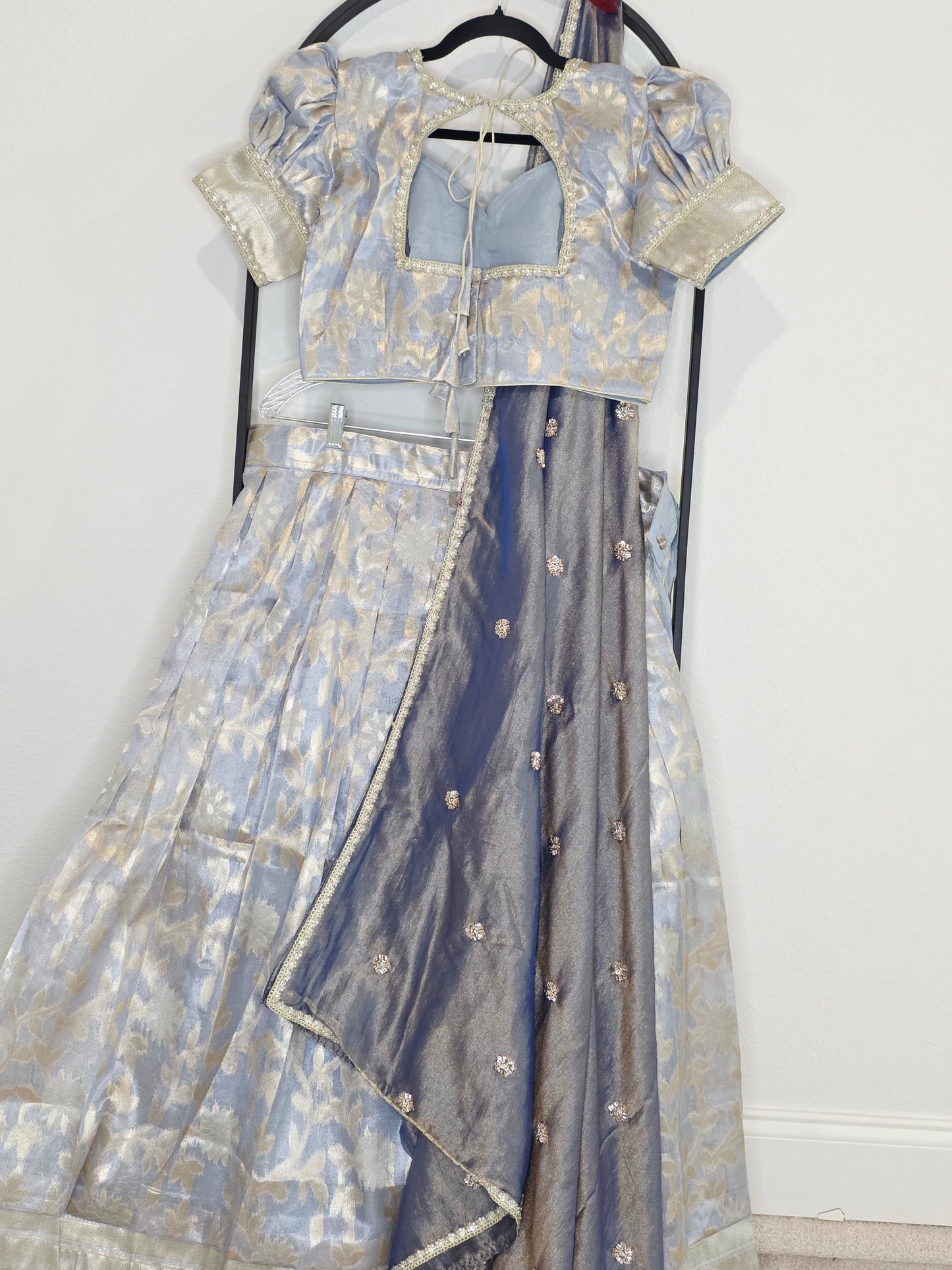 Steel Blue & Silver Tissue Organza Lehenga Set — Pastel Brocade Bridal Lehenga Choli with Chinon Dupatta