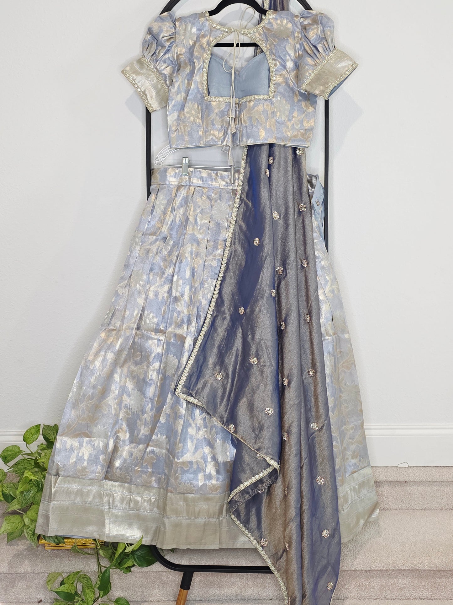 Steel Blue & Silver Tissue Organza Lehenga Set — Pastel Brocade Bridal Lehenga Choli with Chinon Dupatta