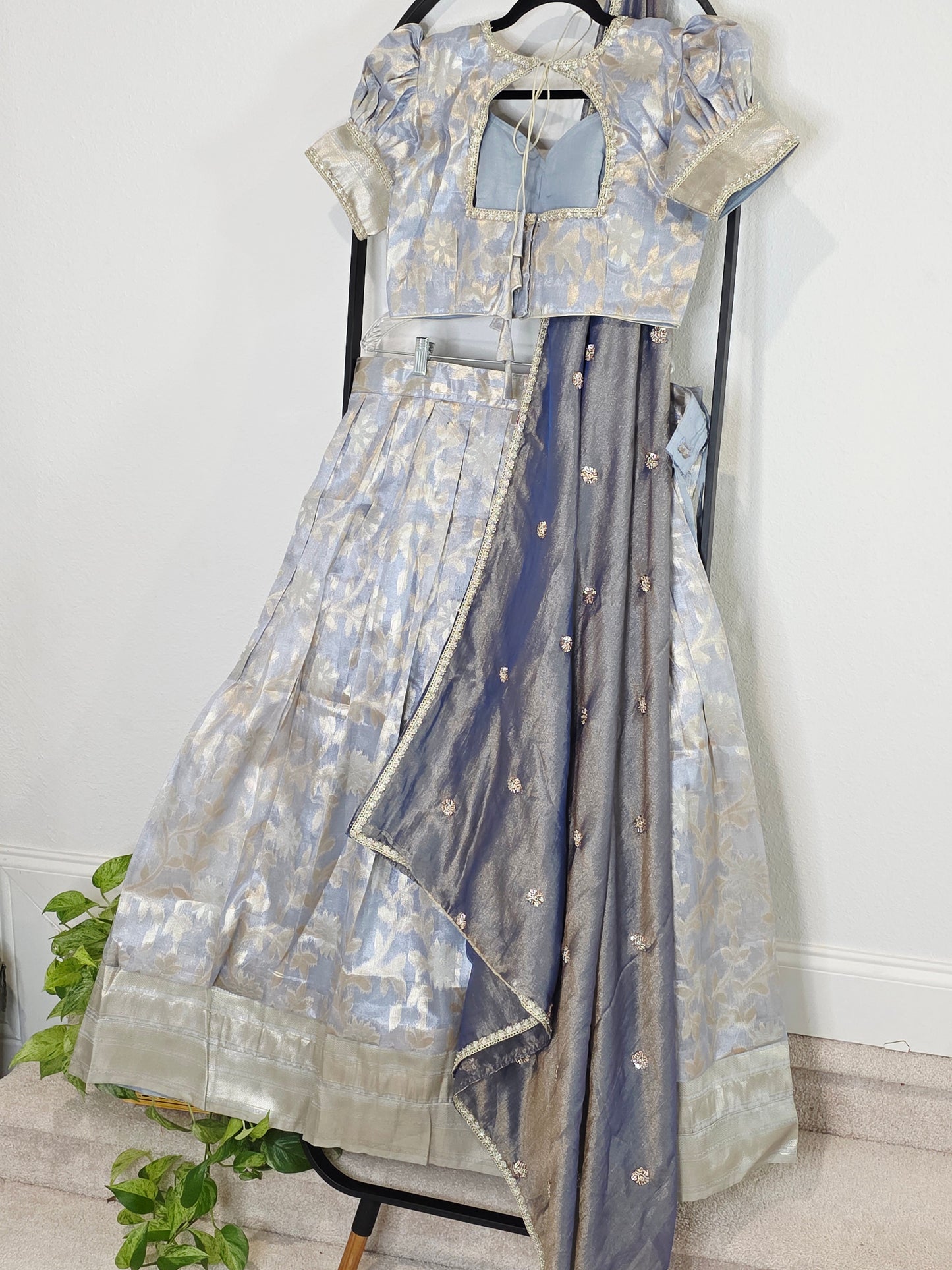 Steel Blue & Silver Tissue Organza Lehenga Set — Pastel Brocade Bridal Lehenga Choli with Chinon Dupatta