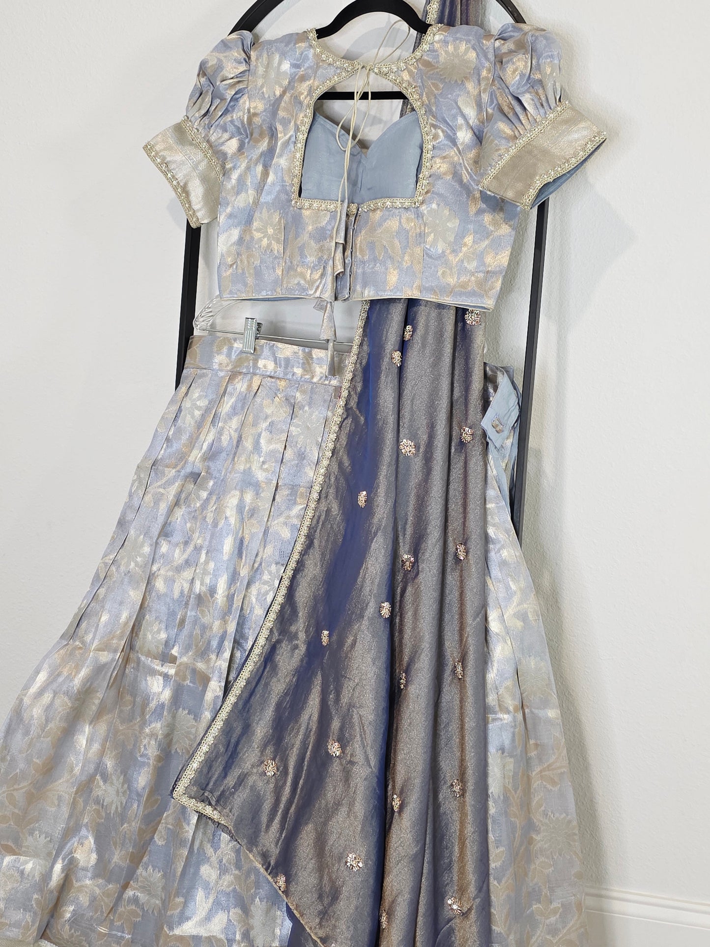 Steel Blue & Silver Tissue Organza Lehenga Set — Pastel Brocade Bridal Lehenga Choli with Chinon Dupatta