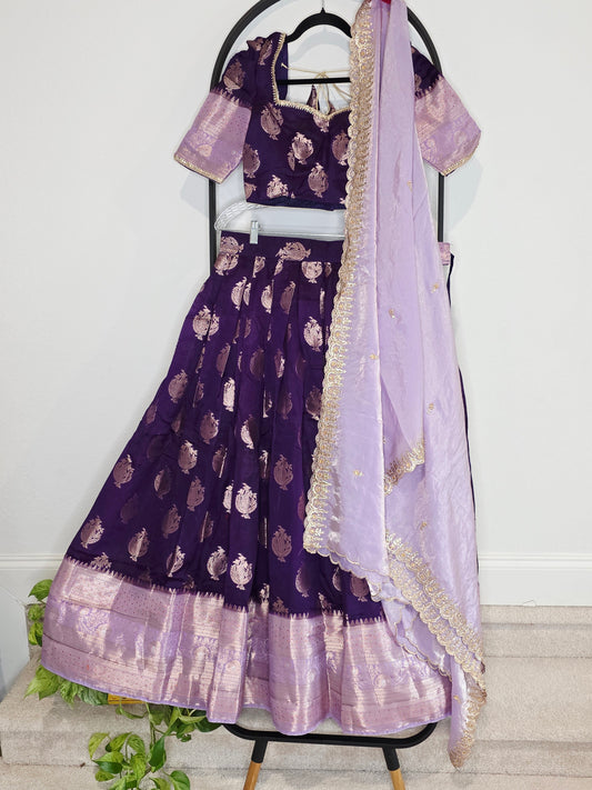 Royal Aubergine Purple Mango Benarasi Silk Lehenga Set with Lavender Dupatta