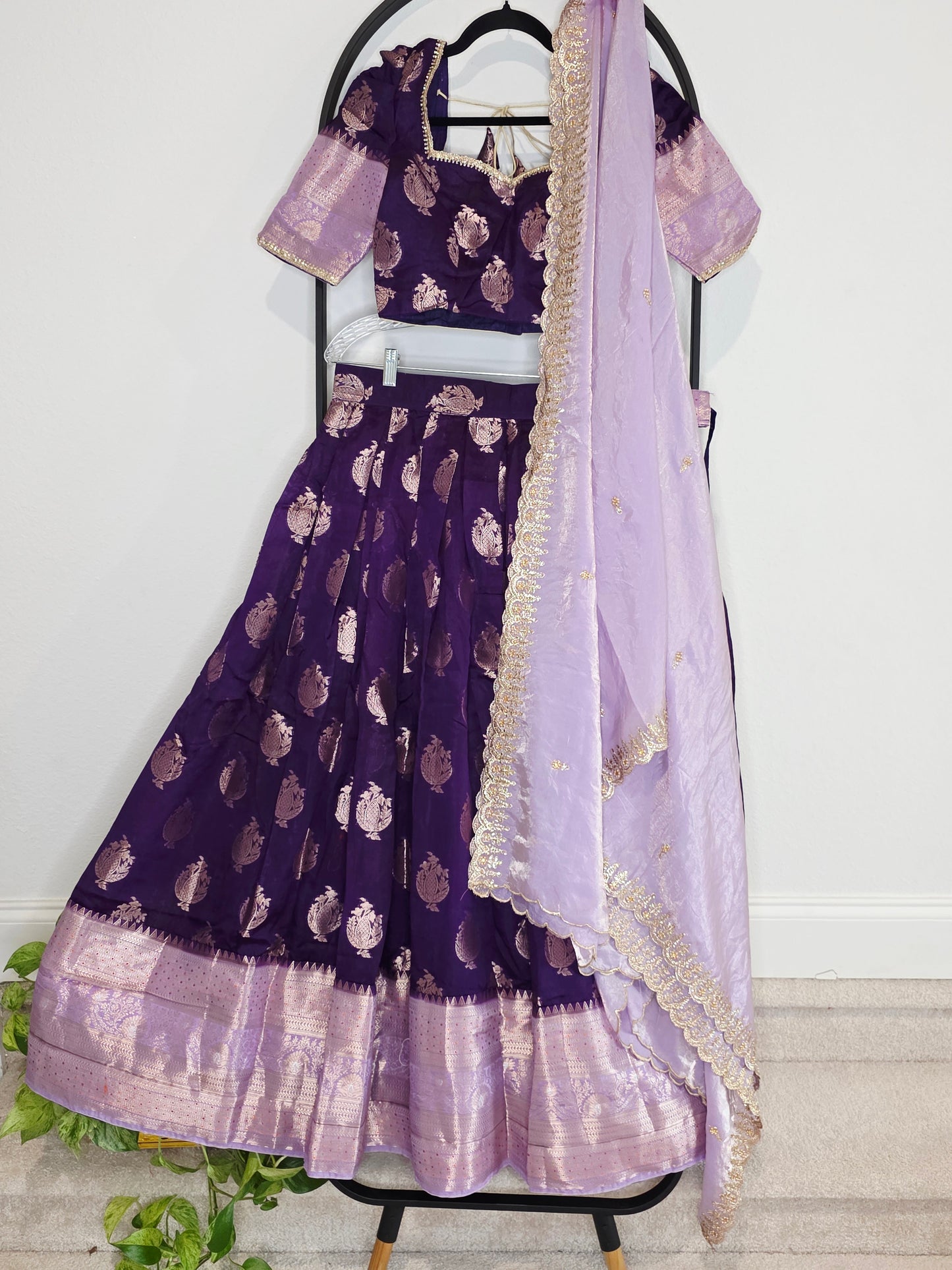 Royal Aubergine Purple Mango Benarasi Silk Lehenga Set with Lavender Dupatta