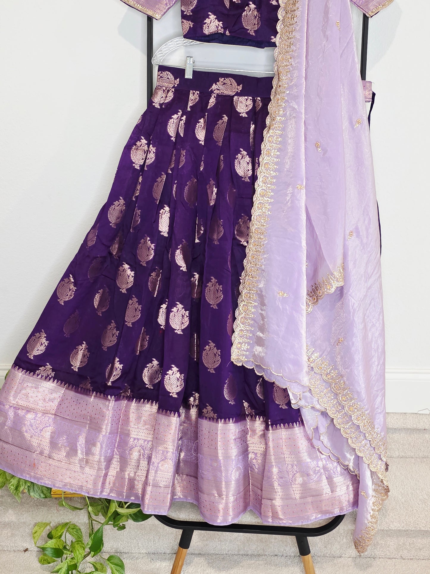 Royal Aubergine Purple Mango Benarasi Silk Lehenga Set with Lavender Dupatta