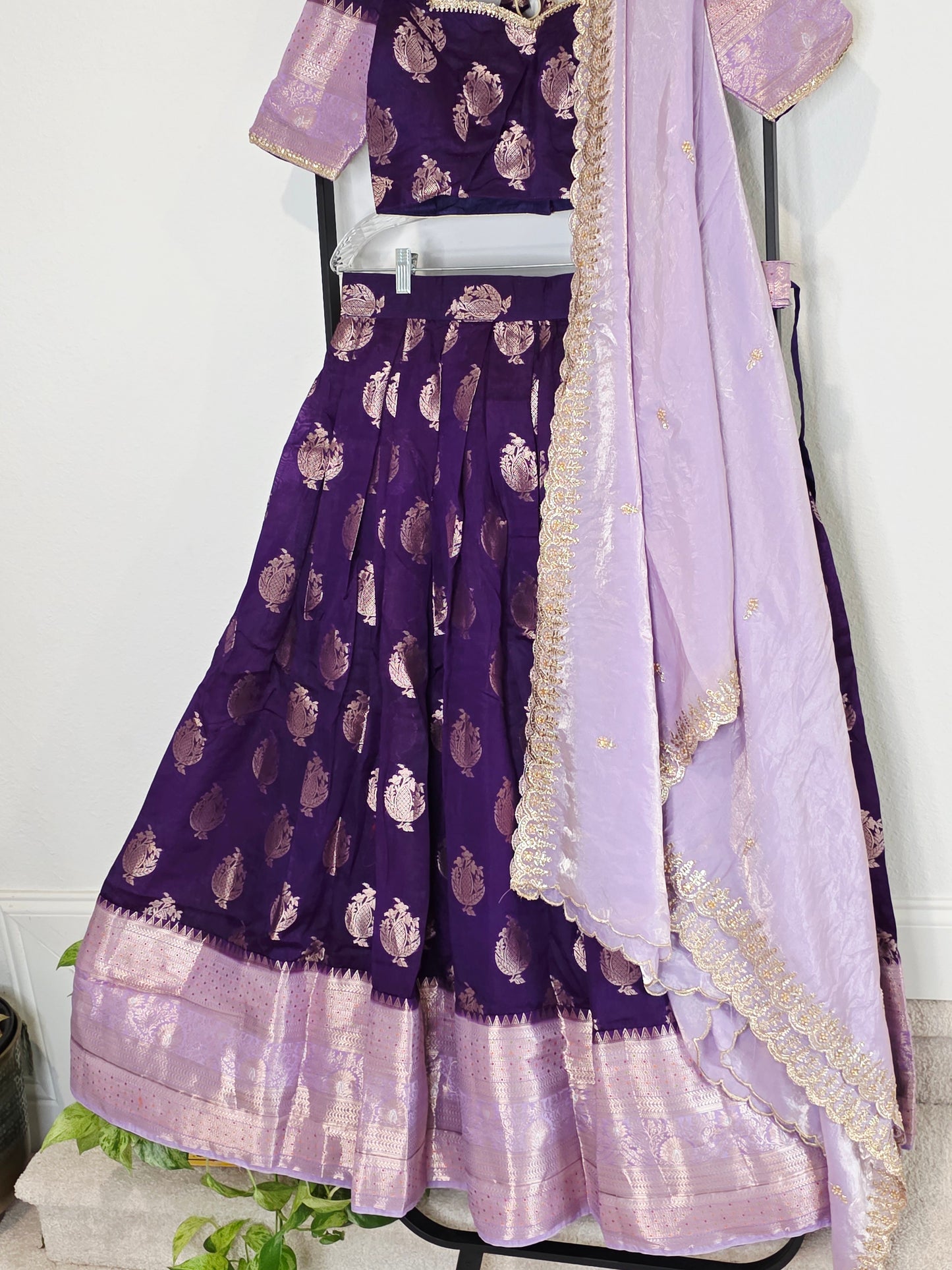 Royal Aubergine Purple Mango Benarasi Silk Lehenga Set with Lavender Dupatta