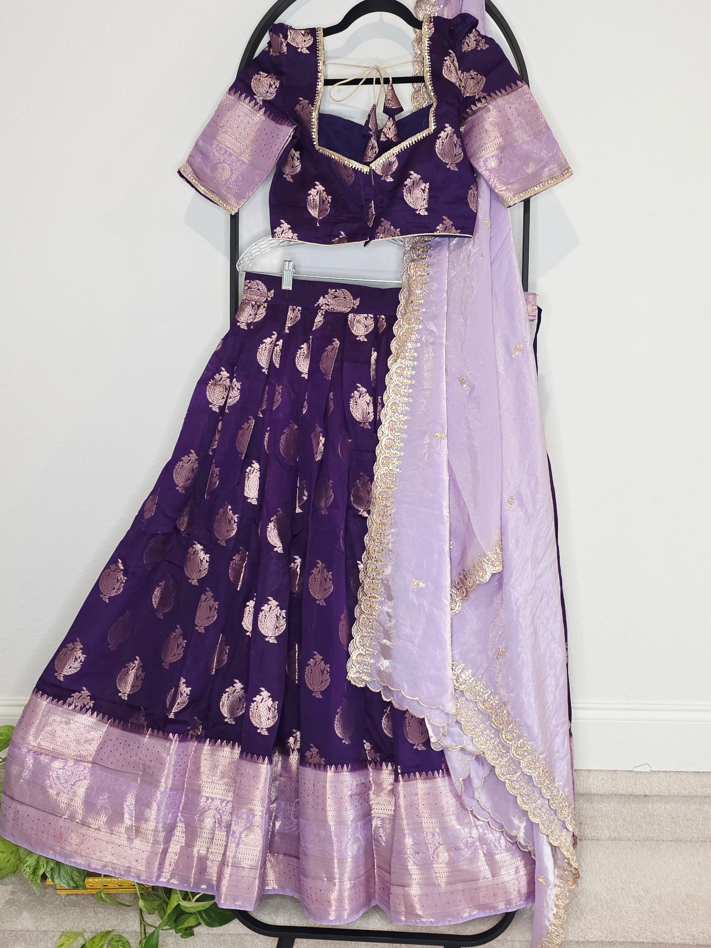 Royal Aubergine Purple Mango Benarasi Silk Lehenga Set with Lavender Dupatta