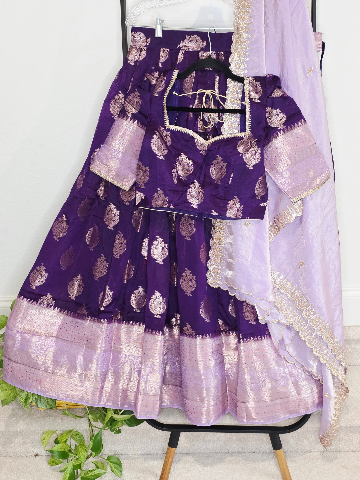 Royal Aubergine Purple Mango Benarasi Silk Lehenga Set with Lavender Dupatta