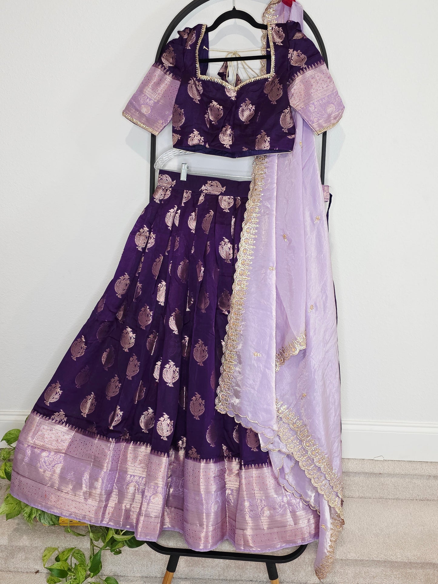 Royal Aubergine Purple Mango Benarasi Silk Lehenga Set with Lavender Dupatta