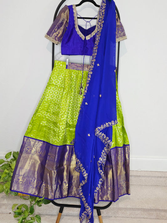 Royal Blue & Lime Gold Pure Kanchipuram Silk Lehenga Set — Zari Brocade Bridal Half Saree with Georgette Cutwork Dupatta