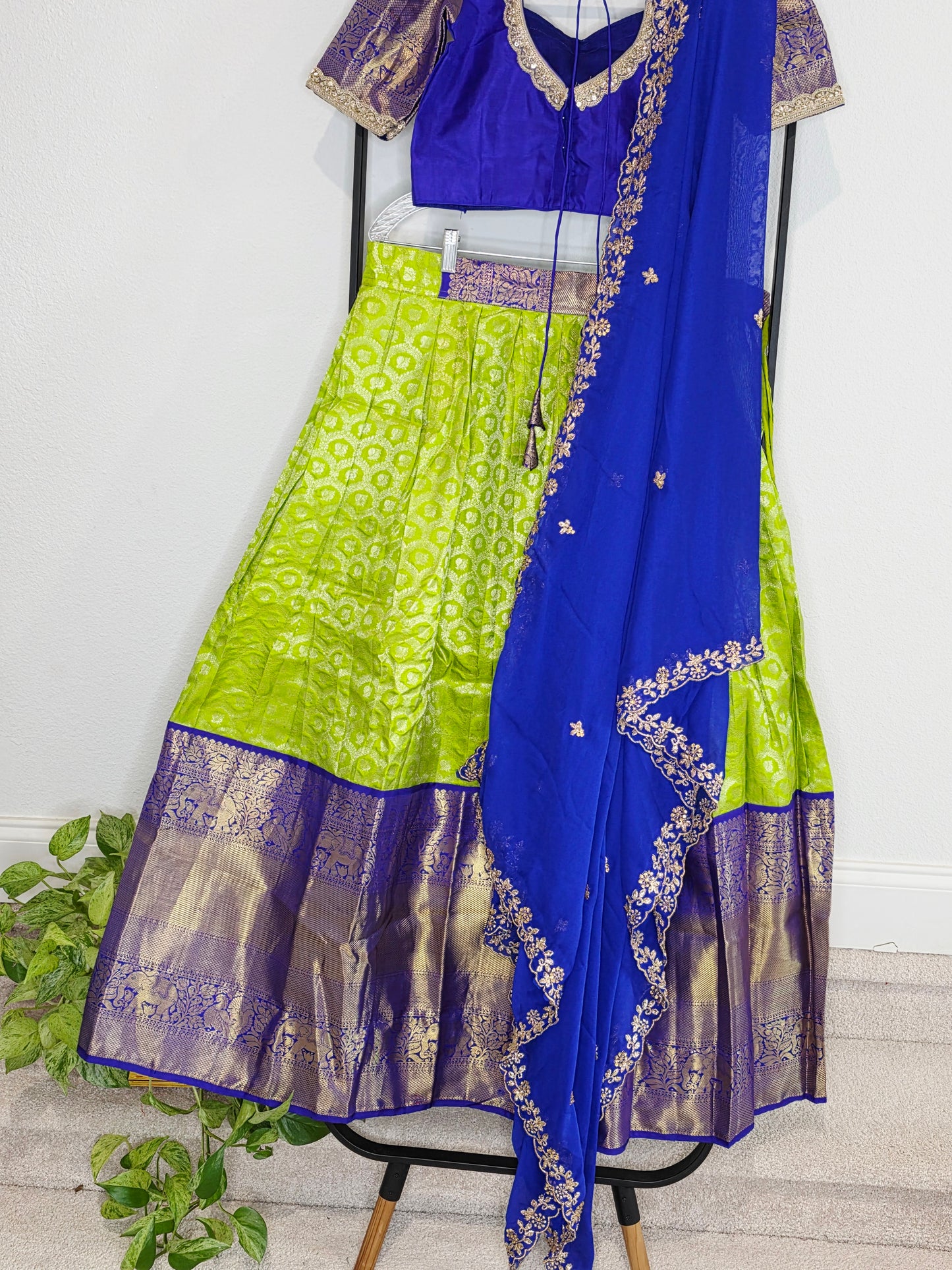 Royal Blue & Lime Gold Pure Kanchipuram Silk Lehenga Set — Zari Brocade Bridal Half Saree with Georgette Cutwork Dupatta