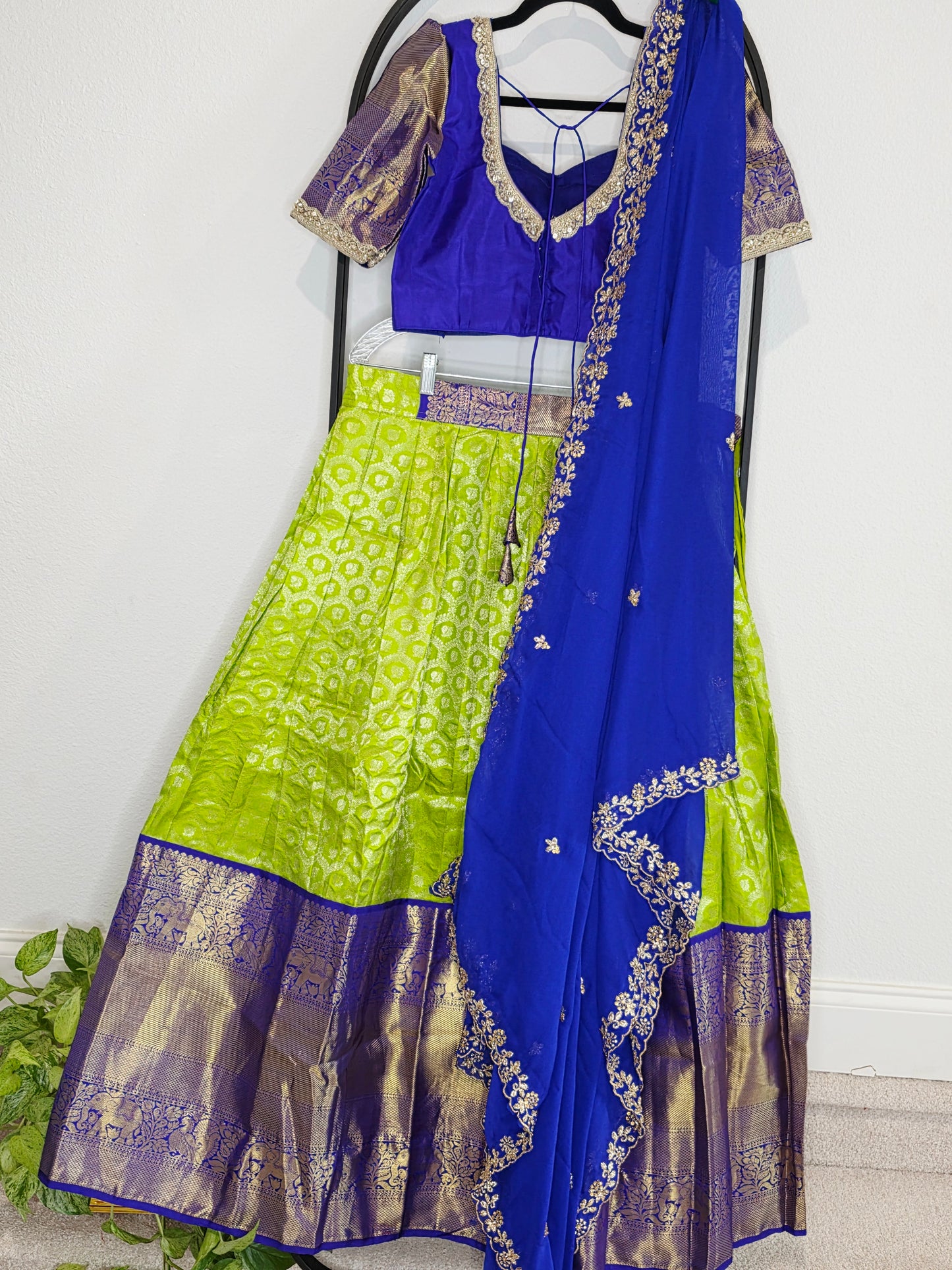 Royal Blue & Lime Gold Pure Kanchipuram Silk Lehenga Set — Zari Brocade Bridal Half Saree with Georgette Cutwork Dupatta