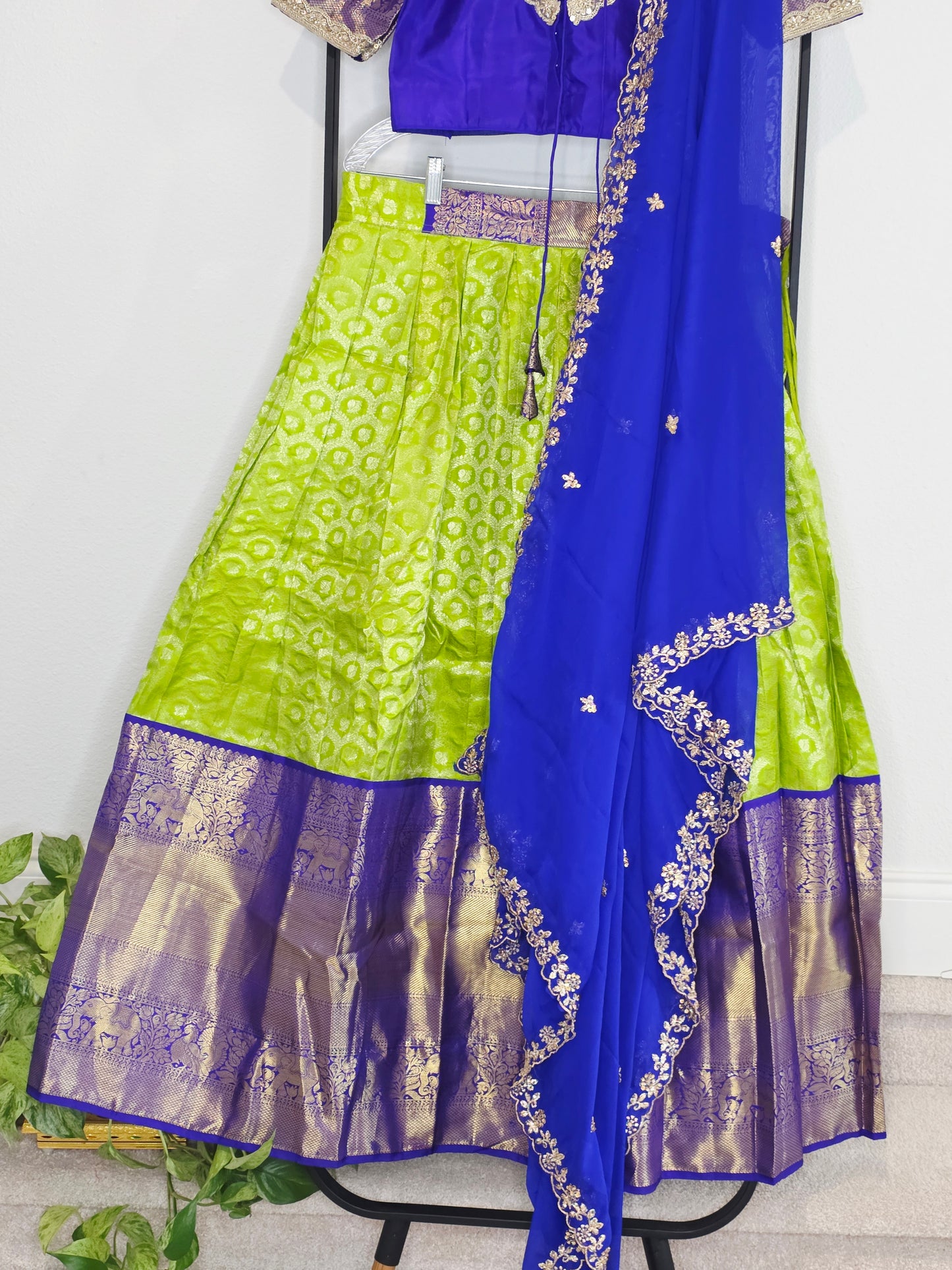 Royal Blue & Lime Gold Pure Kanchipuram Silk Lehenga Set — Zari Brocade Bridal Half Saree with Georgette Cutwork Dupatta