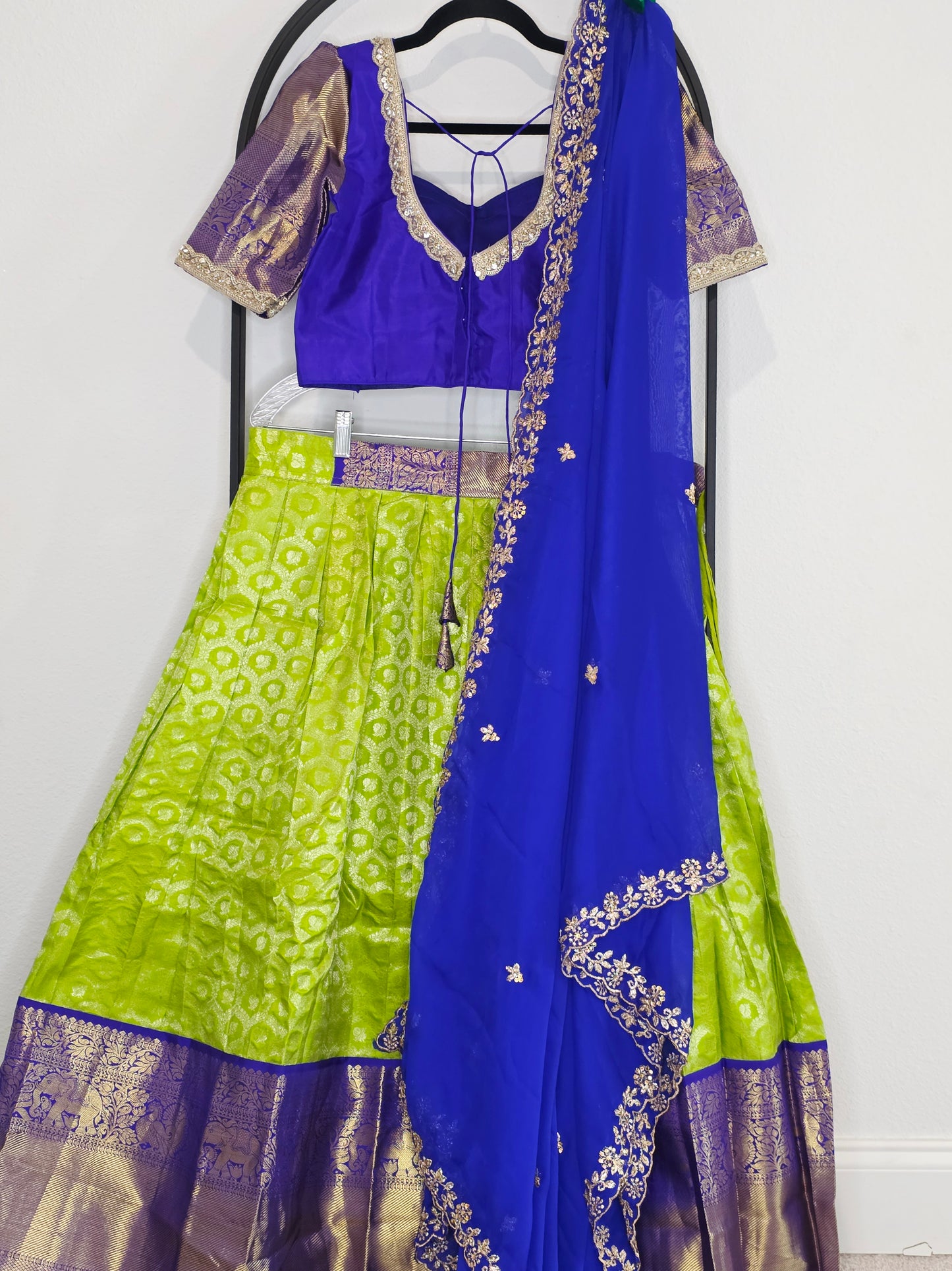 Royal Blue & Lime Gold Pure Kanchipuram Silk Lehenga Set — Zari Brocade Bridal Half Saree with Georgette Cutwork Dupatta