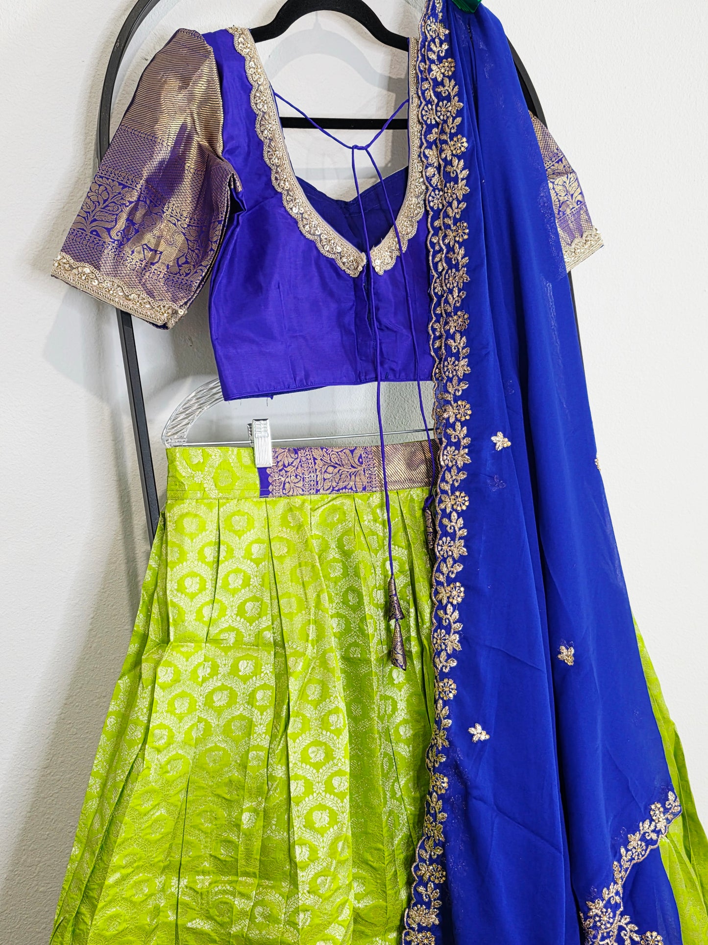 Royal Blue & Lime Gold Pure Kanchipuram Silk Lehenga Set — Zari Brocade Bridal Half Saree with Georgette Cutwork Dupatta
