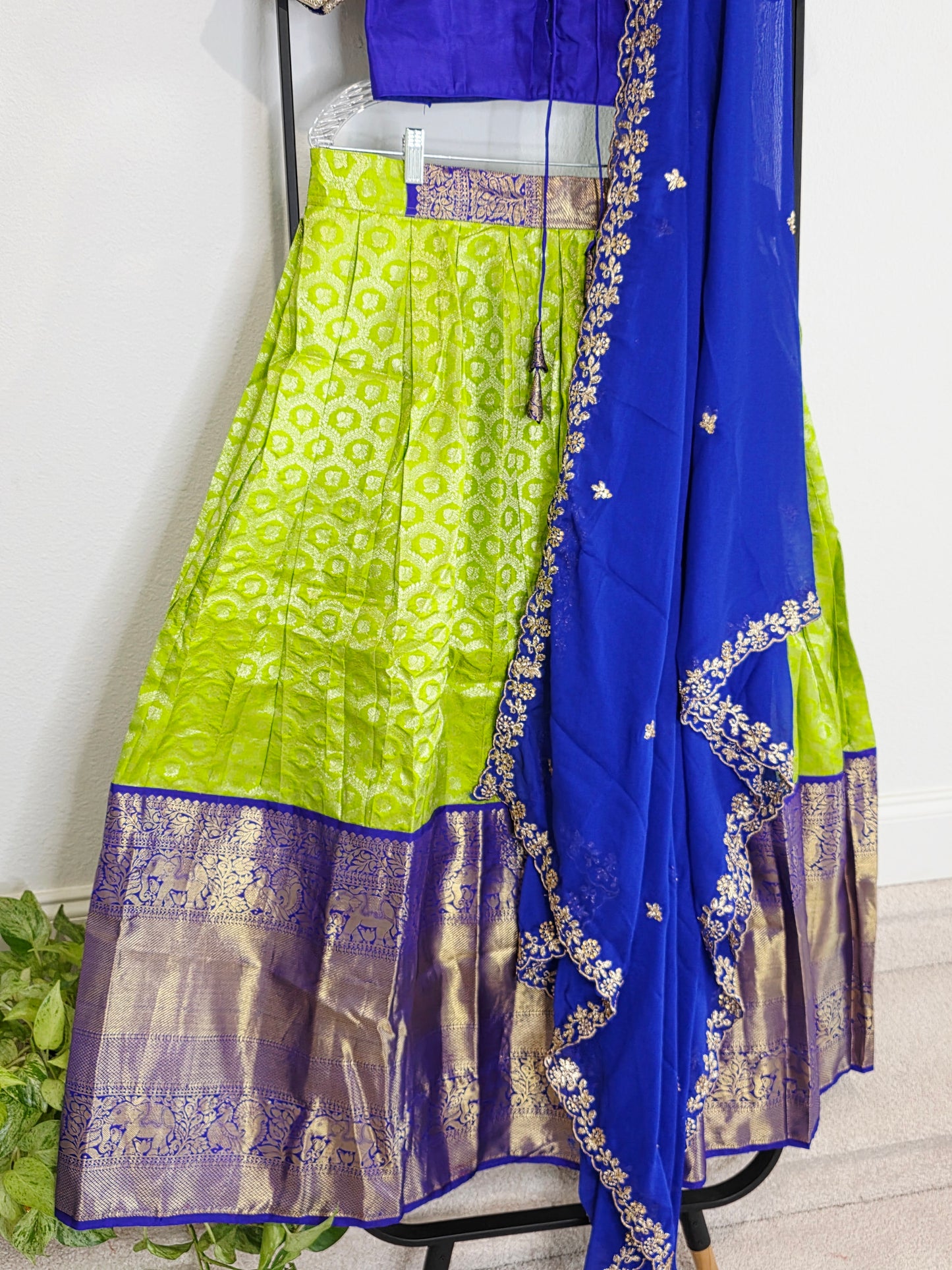 Royal Blue & Lime Gold Pure Kanchipuram Silk Lehenga Set — Zari Brocade Bridal Half Saree with Georgette Cutwork Dupatta