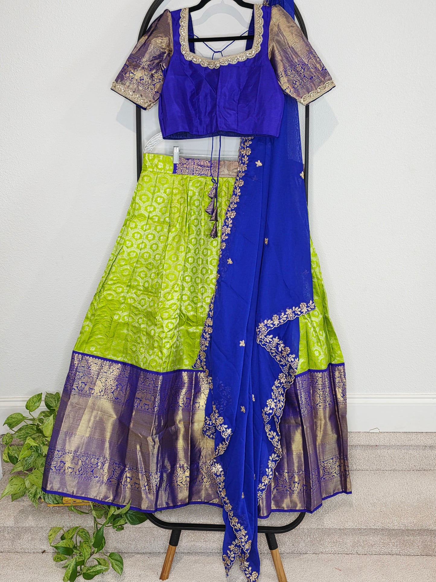Royal Blue & Lime Gold Pure Kanchipuram Silk Lehenga Set — Zari Brocade Bridal Half Saree with Georgette Cutwork Dupatta