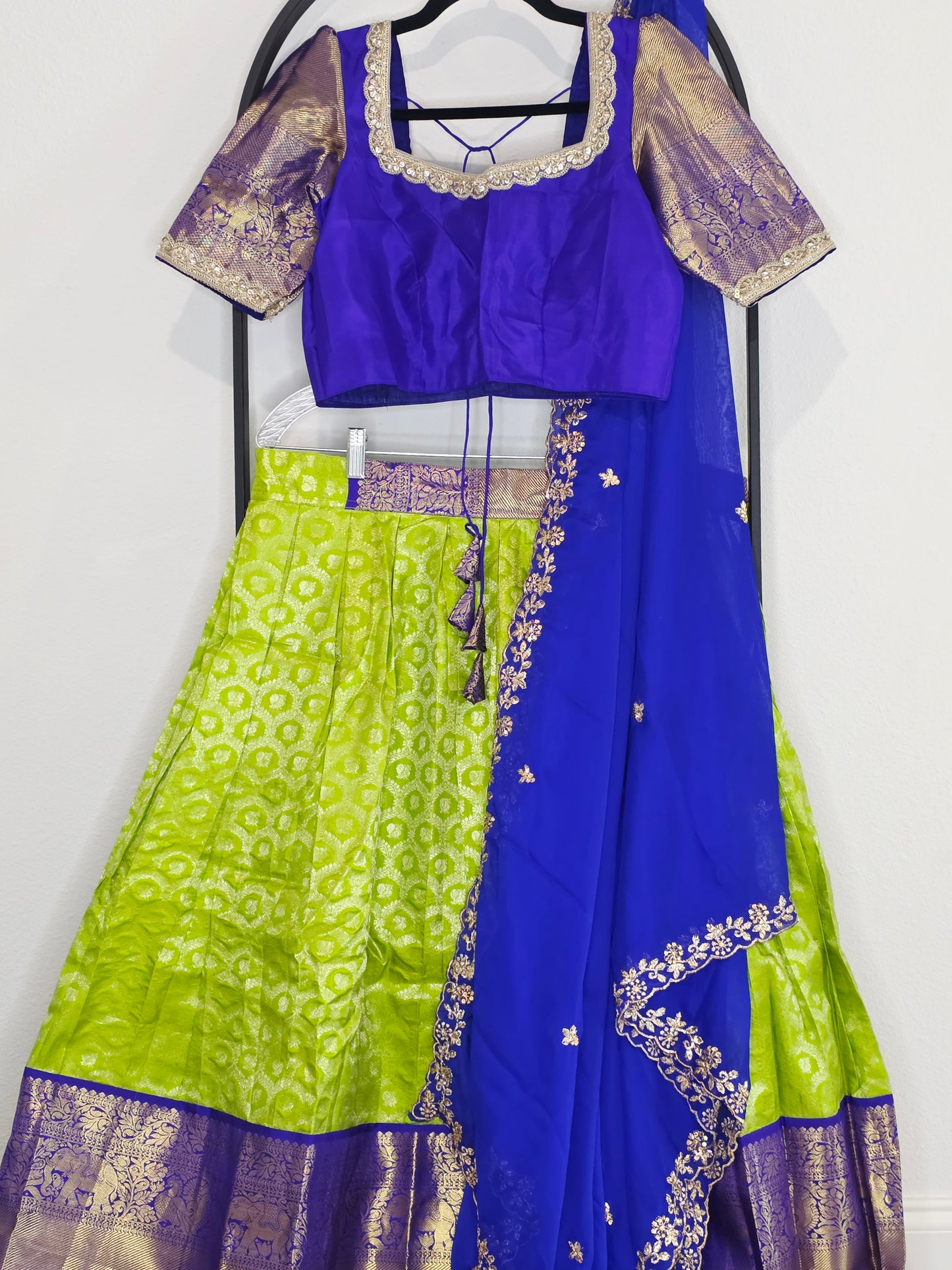 Royal Blue & Lime Gold Pure Kanchipuram Silk Lehenga Set — Zari Brocade Bridal Half Saree with Georgette Cutwork Dupatta