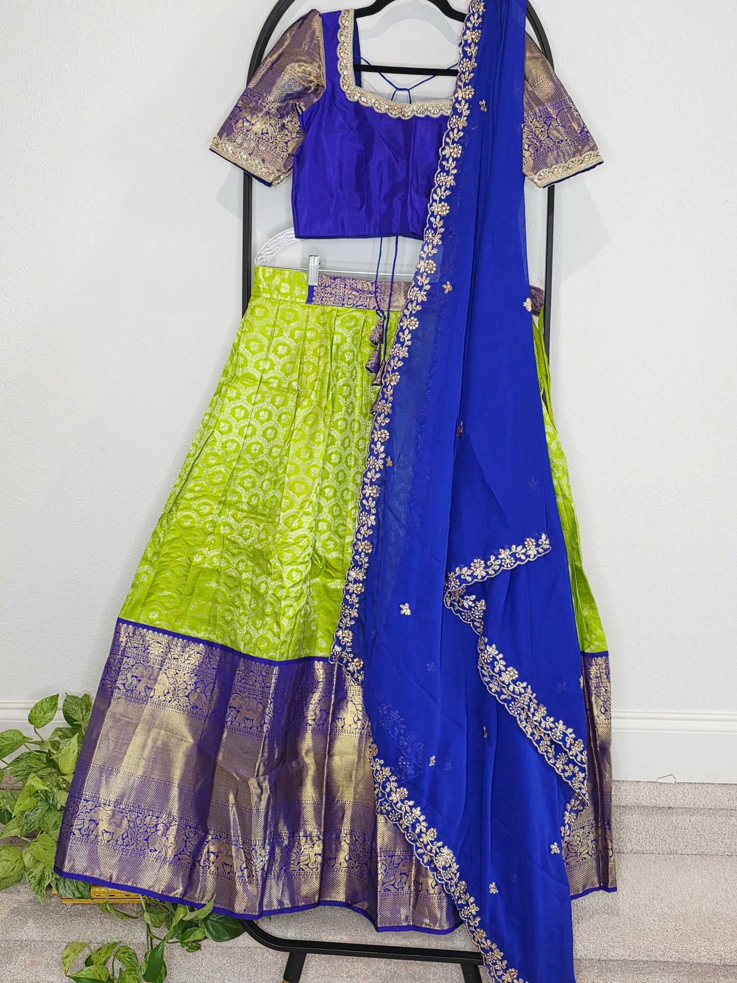 Royal Blue & Lime Gold Pure Kanchipuram Silk Lehenga Set — Zari Brocade Bridal Half Saree with Georgette Cutwork Dupatta