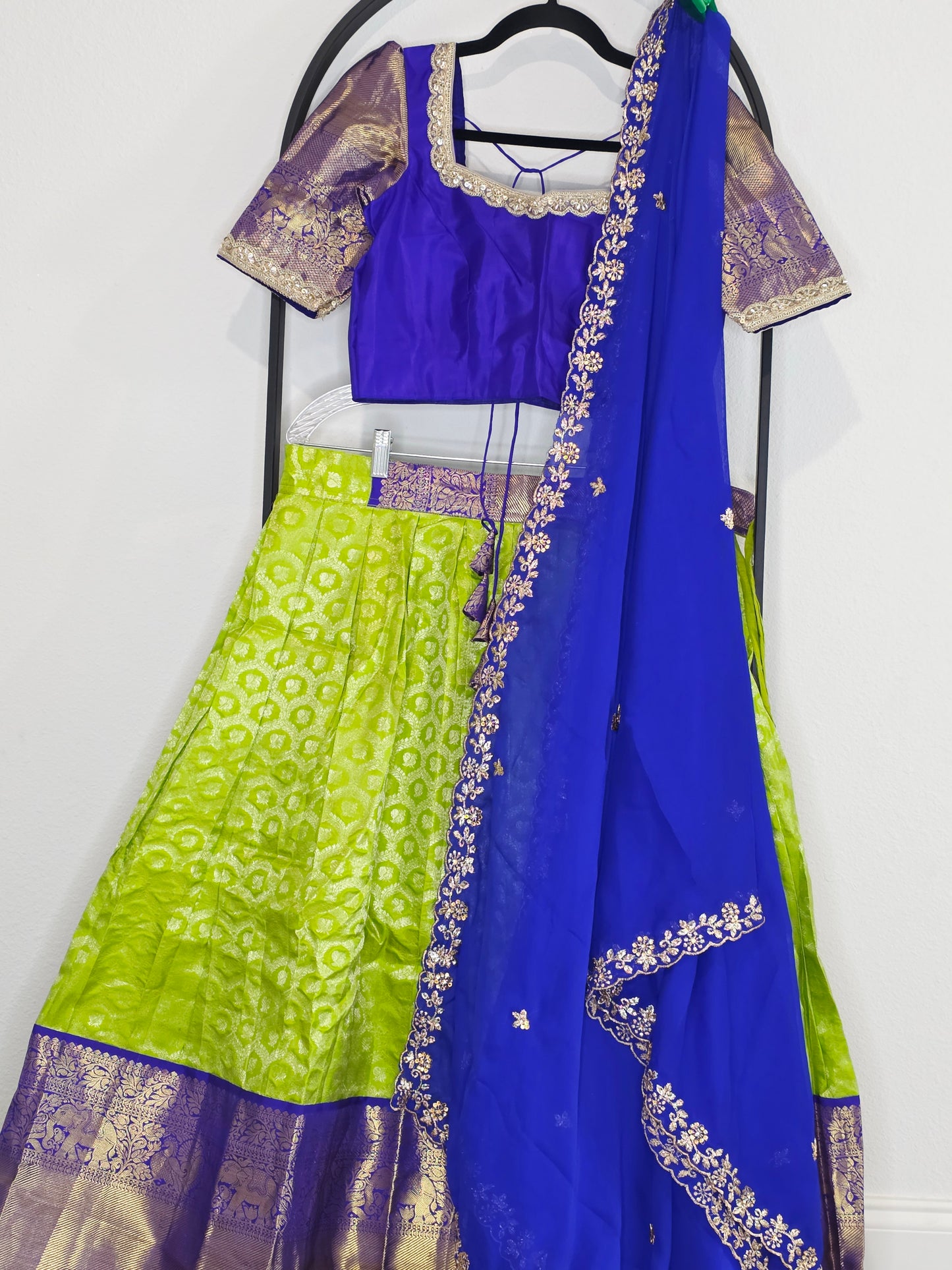 Royal Blue & Lime Gold Pure Kanchipuram Silk Lehenga Set — Zari Brocade Bridal Half Saree with Georgette Cutwork Dupatta