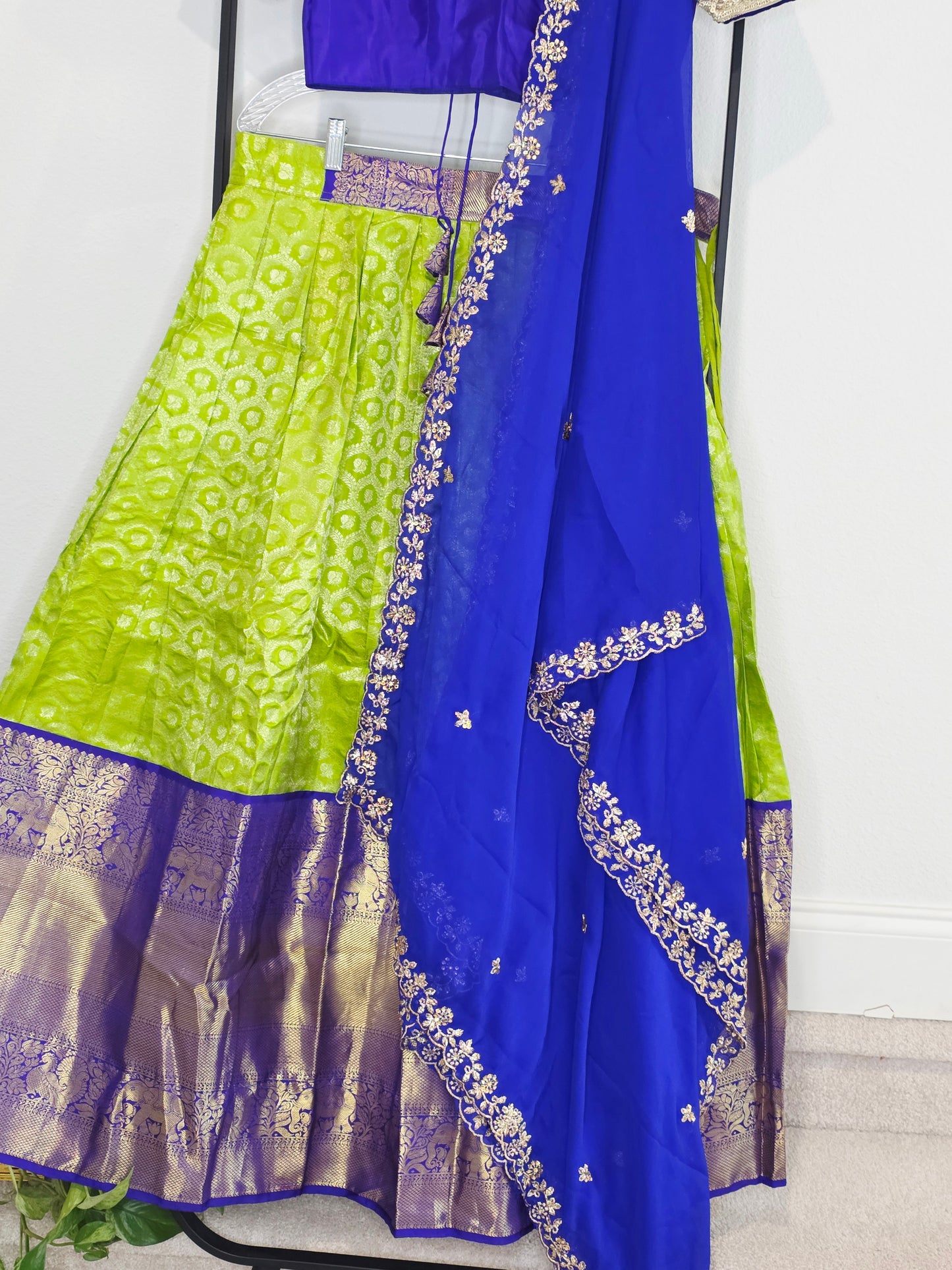 Royal Blue & Lime Gold Pure Kanchipuram Silk Lehenga Set — Zari Brocade Bridal Half Saree with Georgette Cutwork Dupatta