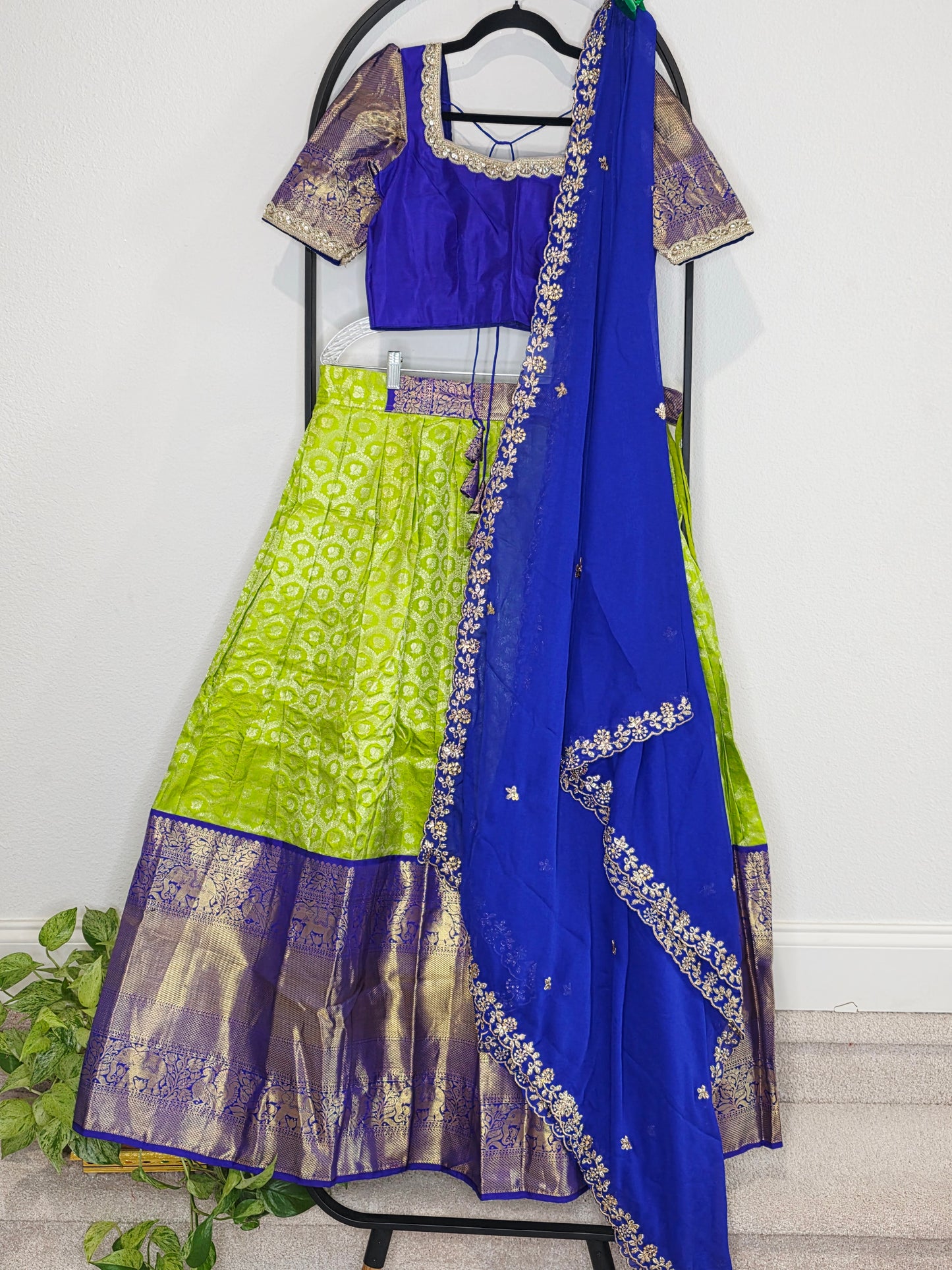 Royal Blue & Lime Gold Pure Kanchipuram Silk Lehenga Set — Zari Brocade Bridal Half Saree with Georgette Cutwork Dupatta