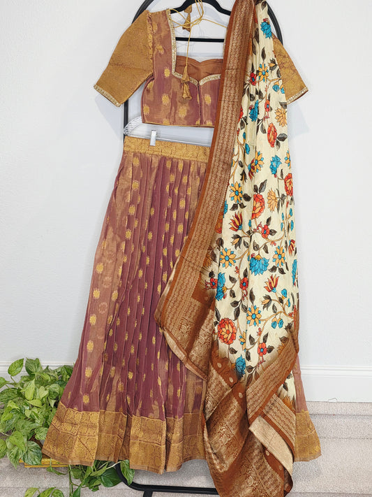 Antique Mauve Gold Tissue Jute Silk Benarasi Lehenga Set with Kalamkari Dola Silk Dupatta