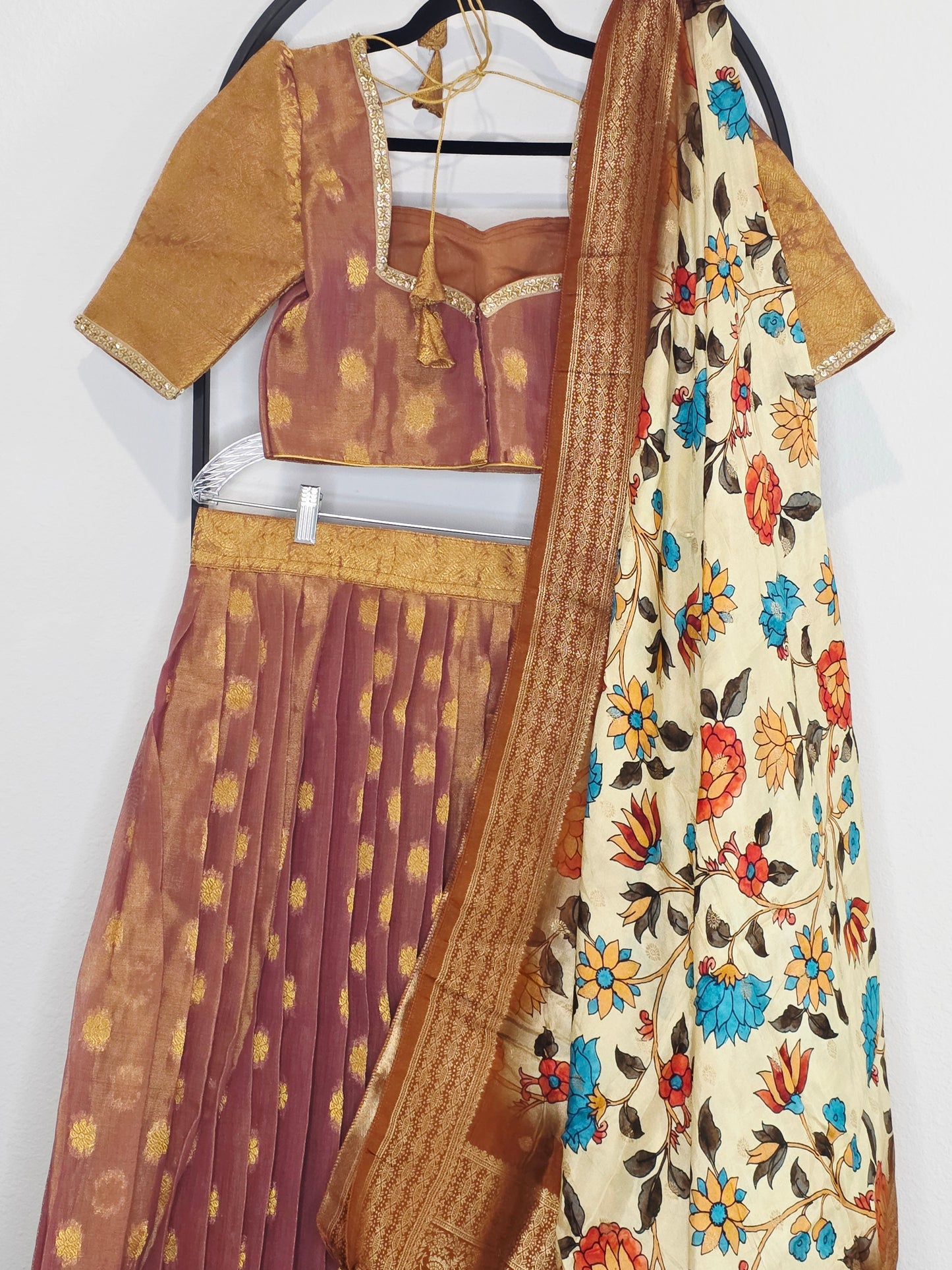 Antique Mauve Gold Tissue Jute Silk Benarasi Lehenga Set with Kalamkari Dola Silk Dupatta