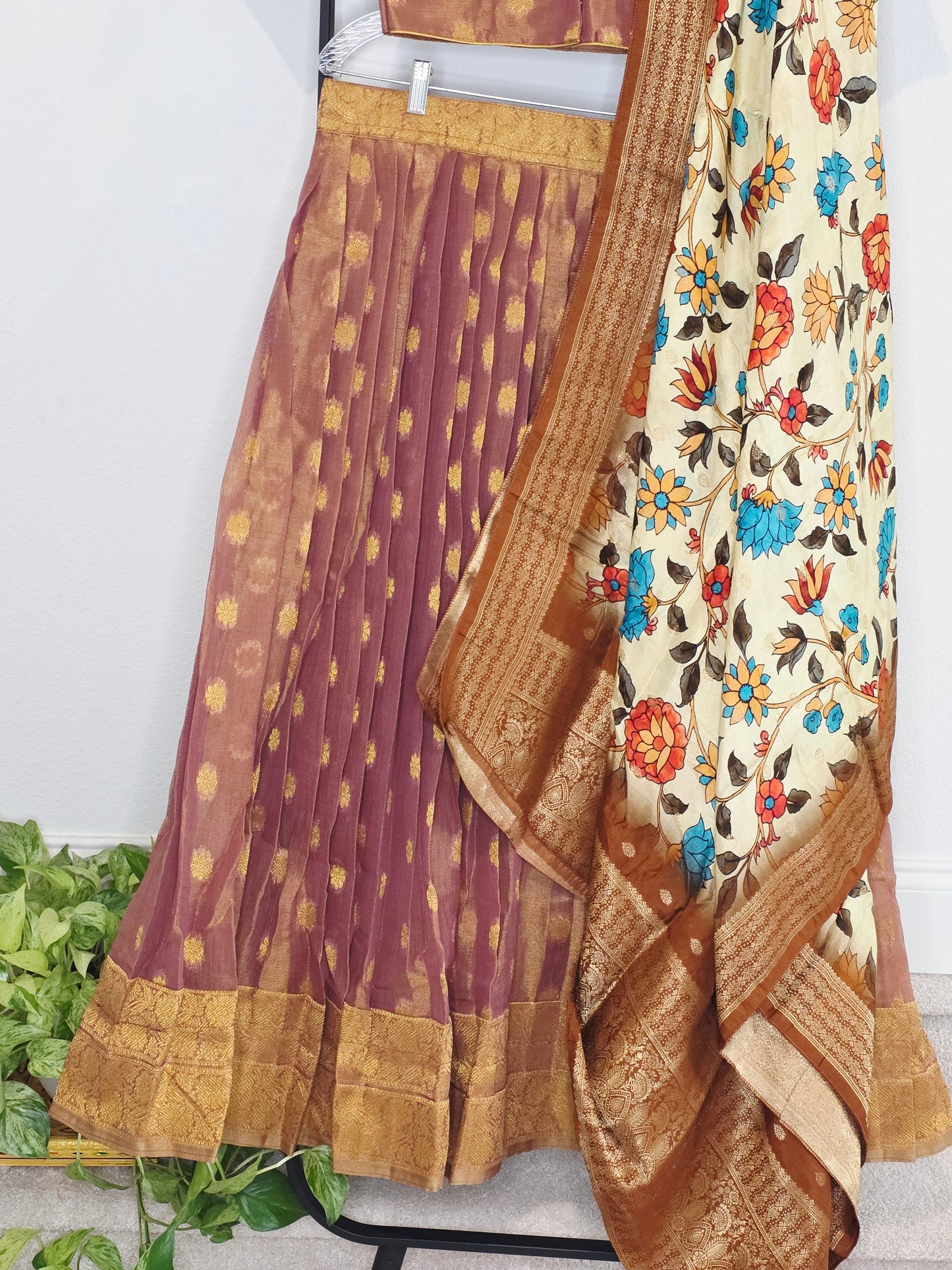 Antique Mauve Gold Tissue Jute Silk Benarasi Lehenga Set with Kalamkari Dola Silk Dupatta
