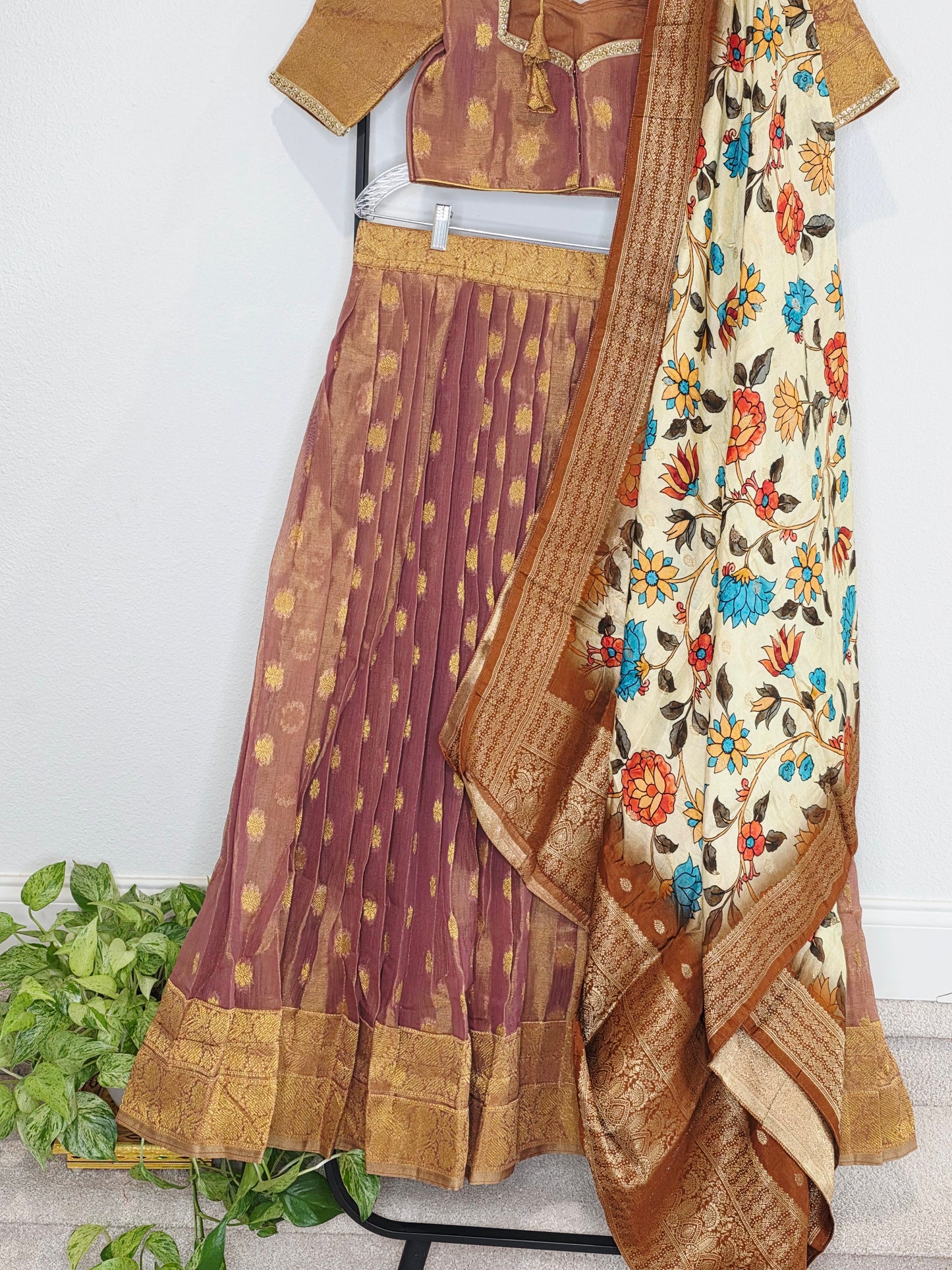 Antique Mauve Gold Tissue Jute Silk Benarasi Lehenga Set with Kalamkari Dola Silk Dupatta