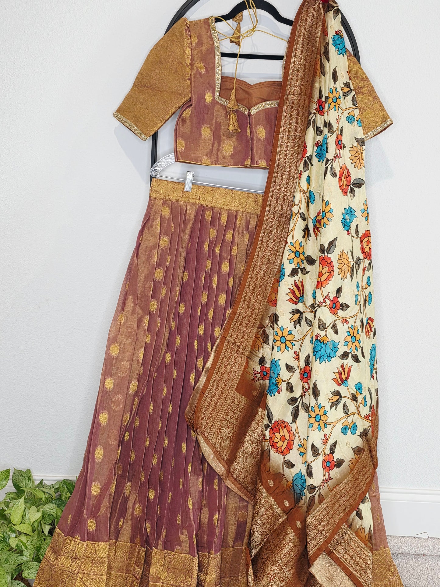 Antique Mauve Gold Tissue Jute Silk Benarasi Lehenga Set with Kalamkari Dola Silk Dupatta