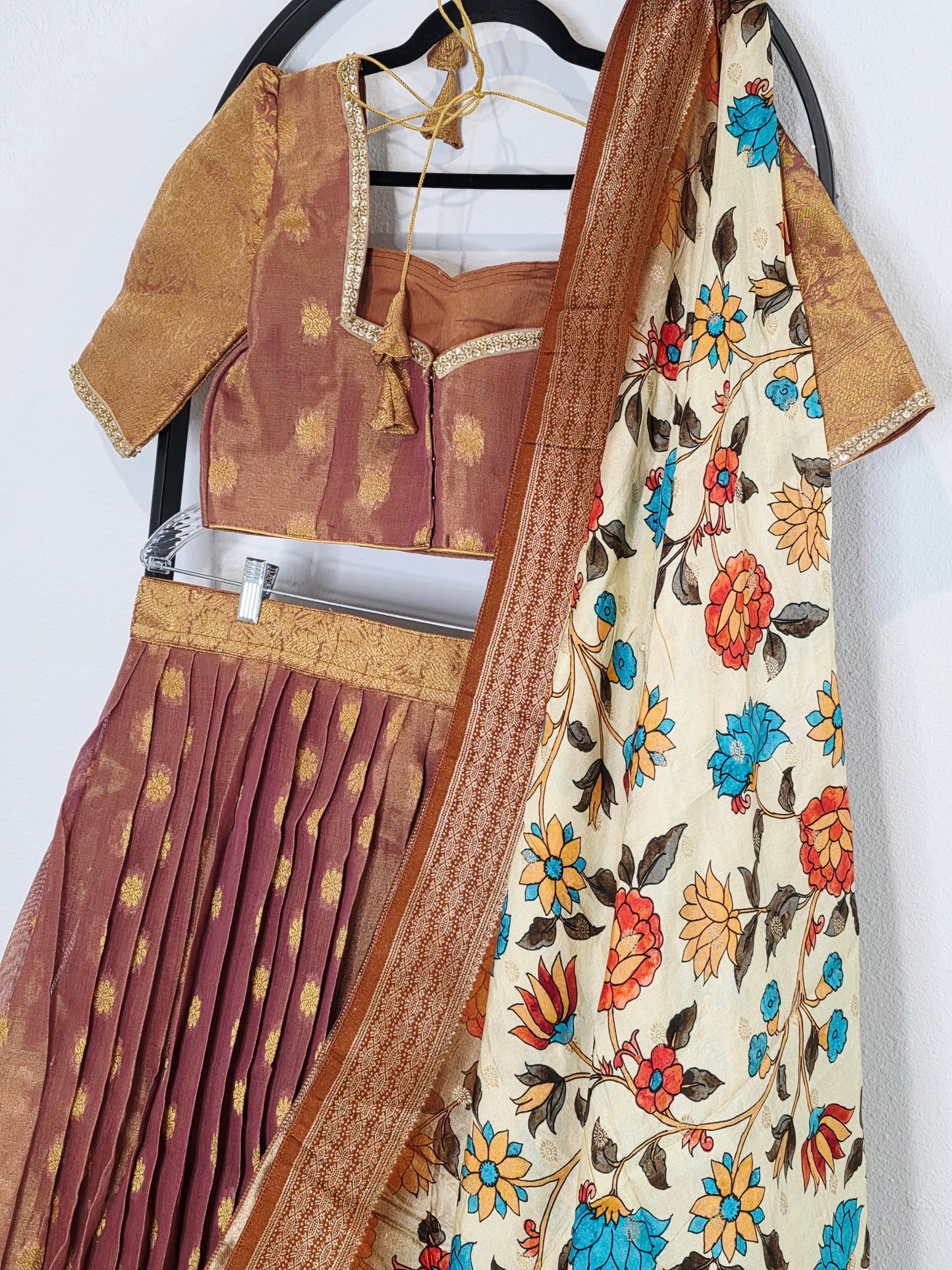 Antique Mauve Gold Tissue Jute Silk Benarasi Lehenga Set with Kalamkari Dola Silk Dupatta