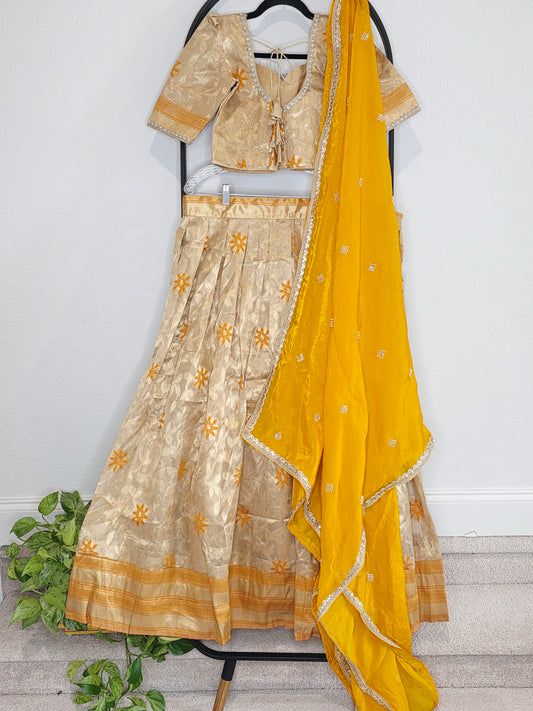 Champagne Gold Tissue Organza Lehenga Set with Mustard Space Silk Dupatta
