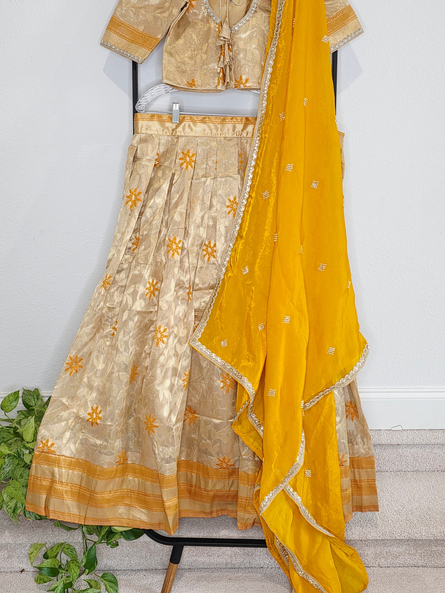 Champagne Gold Tissue Organza Lehenga Set with Mustard Space Silk Dupatta