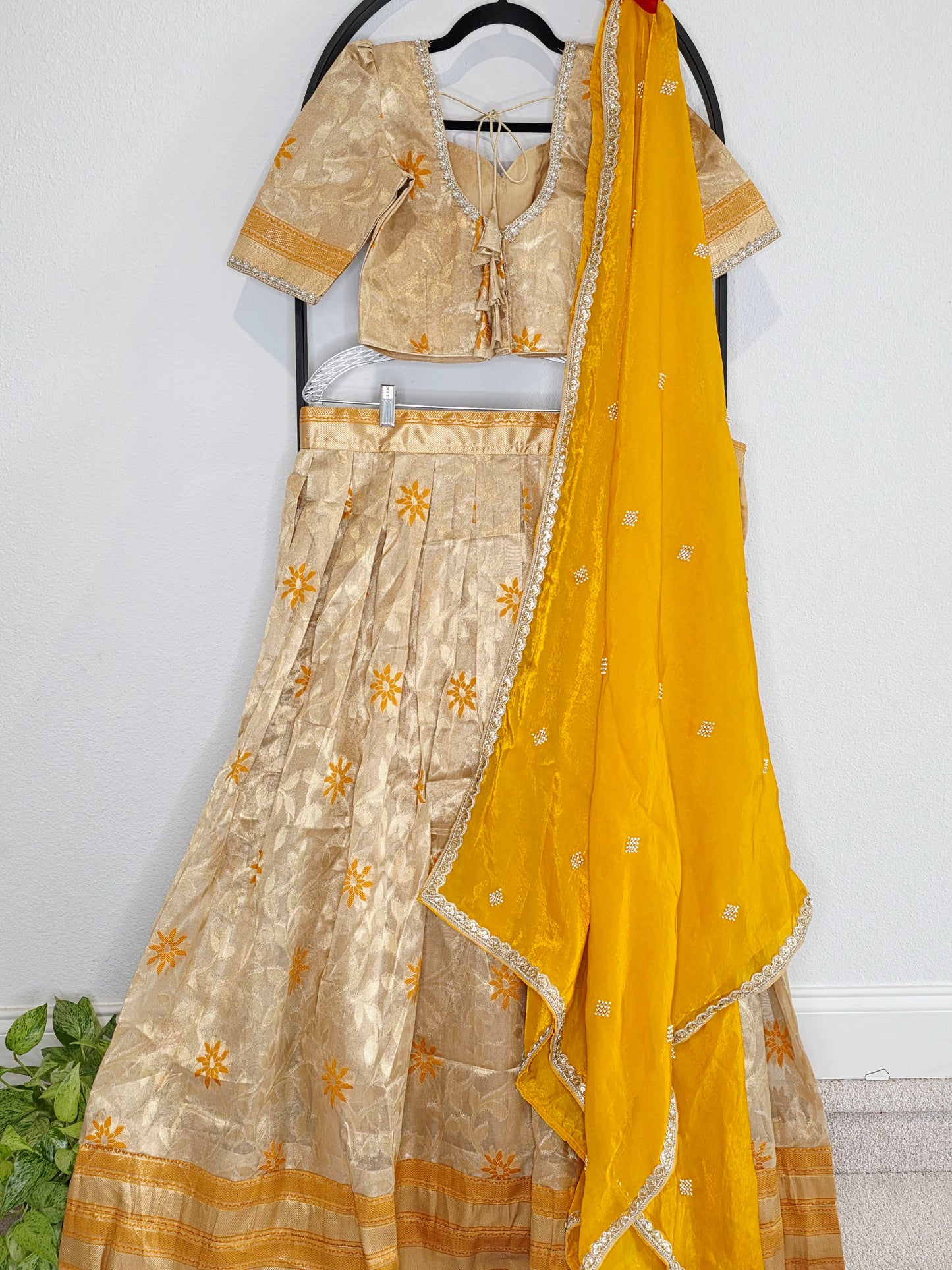 Champagne Gold Tissue Organza Lehenga Set with Mustard Space Silk Dupatta